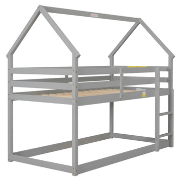 Twin Over Twin Loft Bed With Roof Design, Safety Guardrail, Ladder, Grey Grey Pine