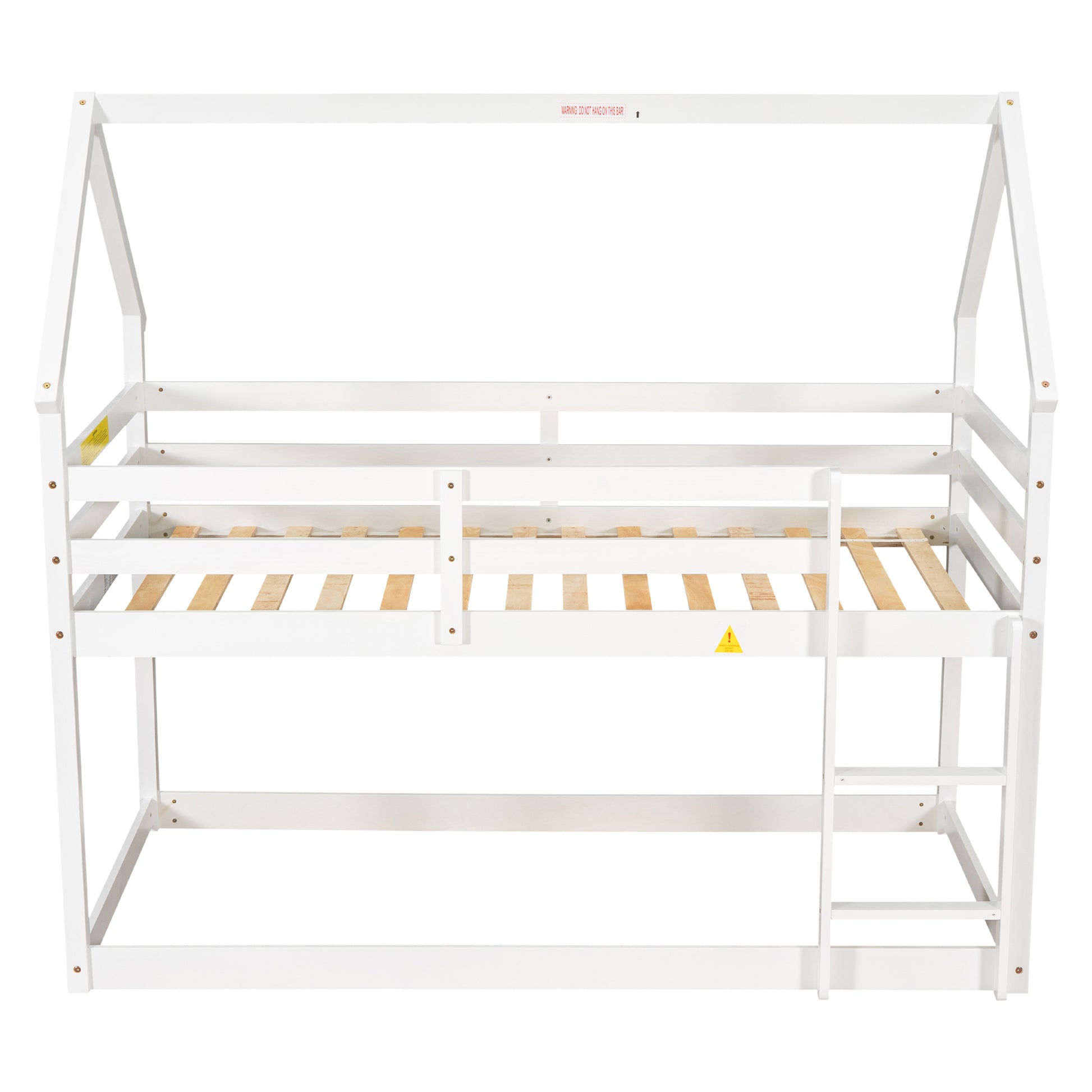 Twin Over Twin Loft Bed With Roof Design, Safety Guardrail, Ladder, White White Pine