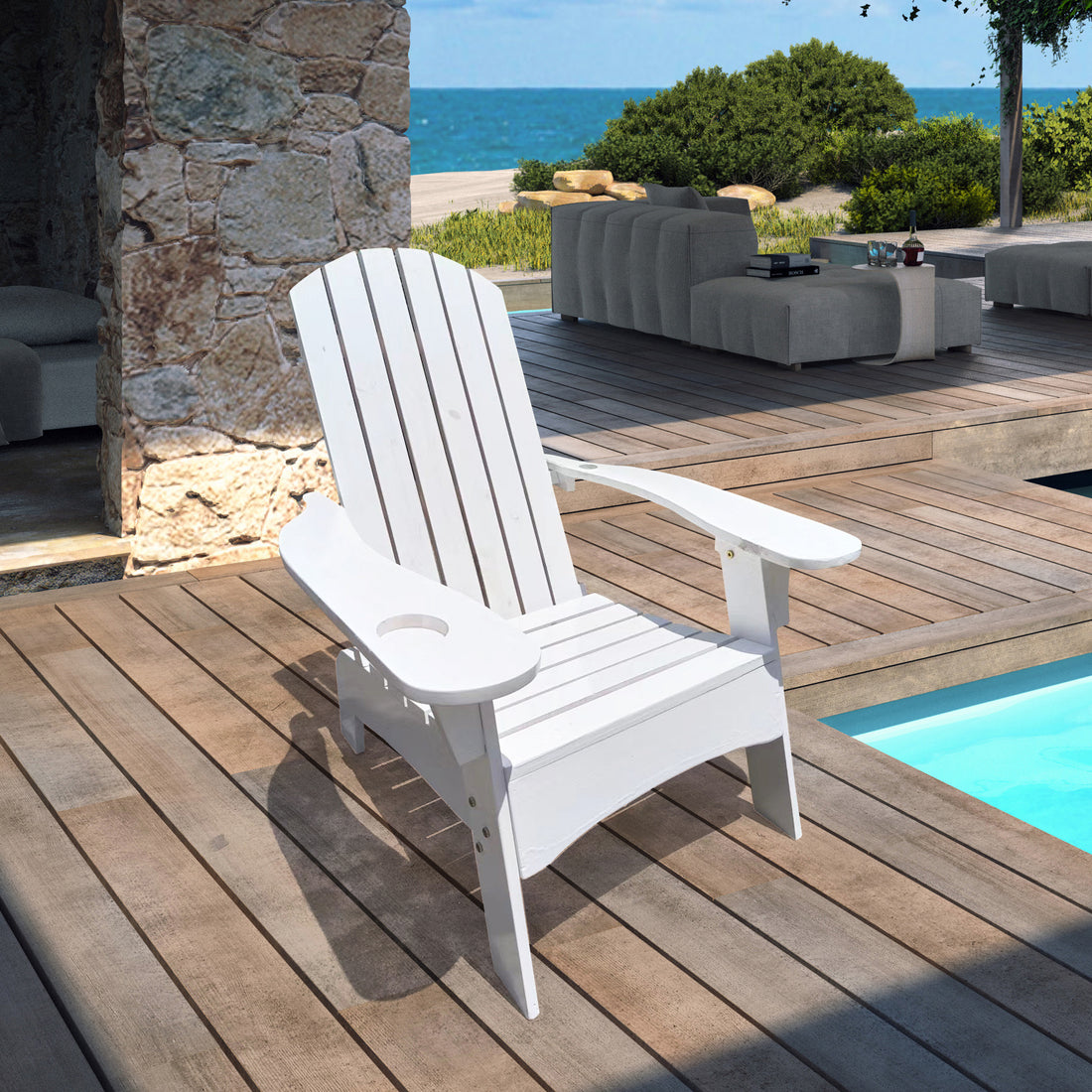 Outdoor Or Indoor Wood Adirondack Chair With An Hole To Hold Umbrella On The Arm ,White White Solid Wood