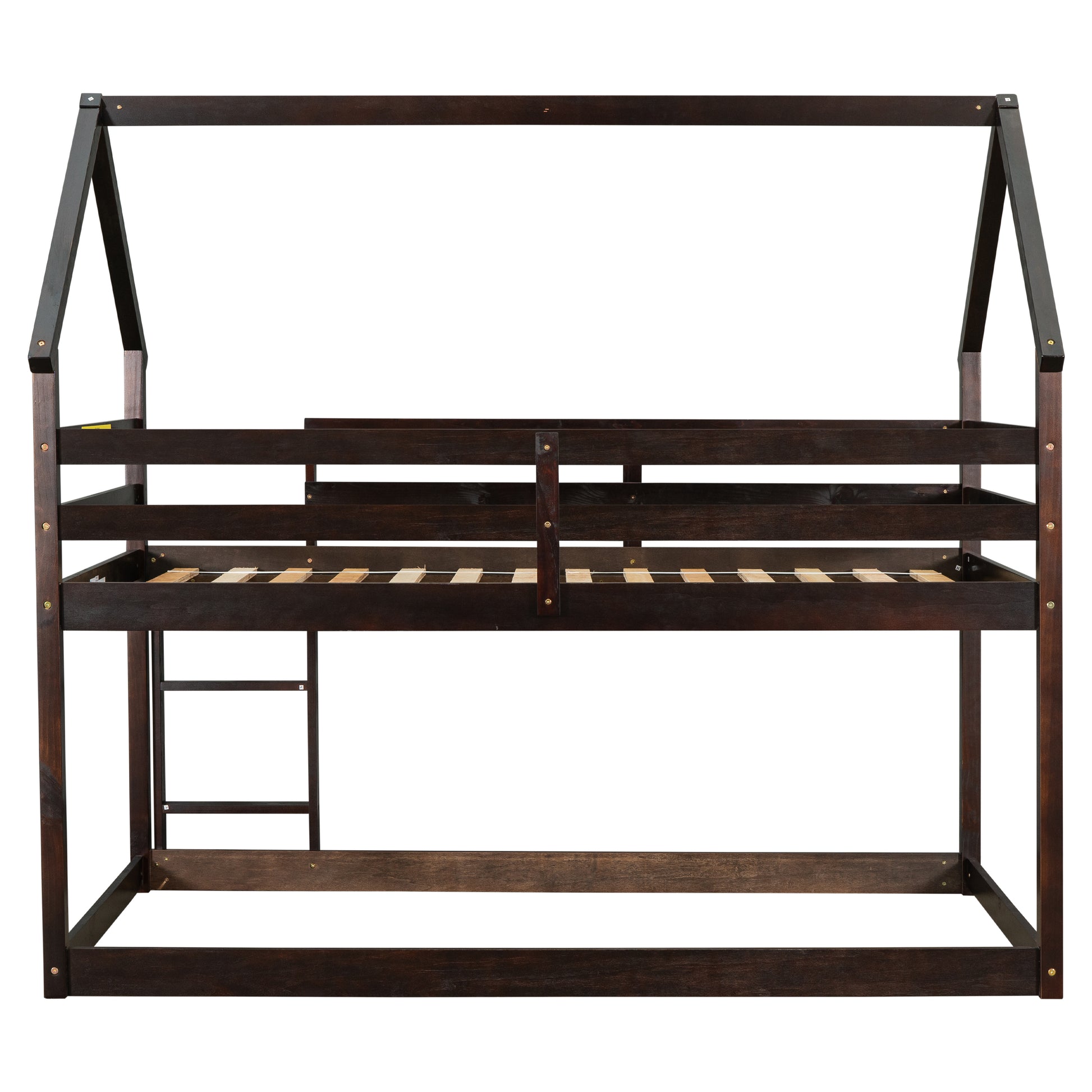 Twin Over Twin Loft Bed With Roof Design, Safety Guardrail, Ladder, Espresso Espresso Pine