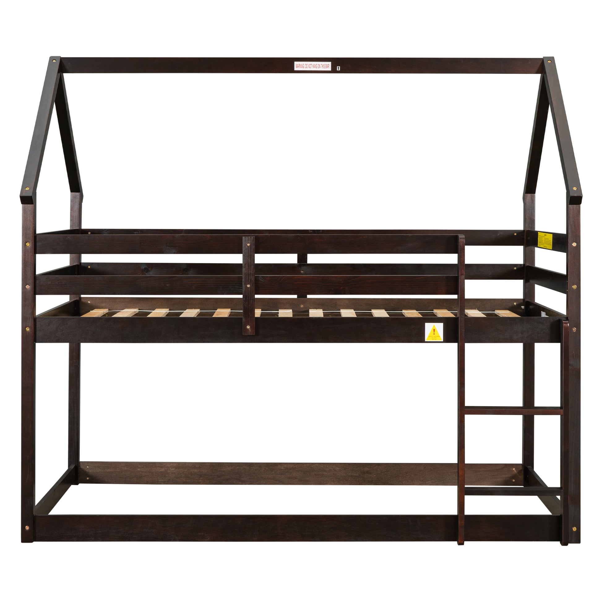 Twin Over Twin Loft Bed With Roof Design, Safety Guardrail, Ladder, Espresso Espresso Pine