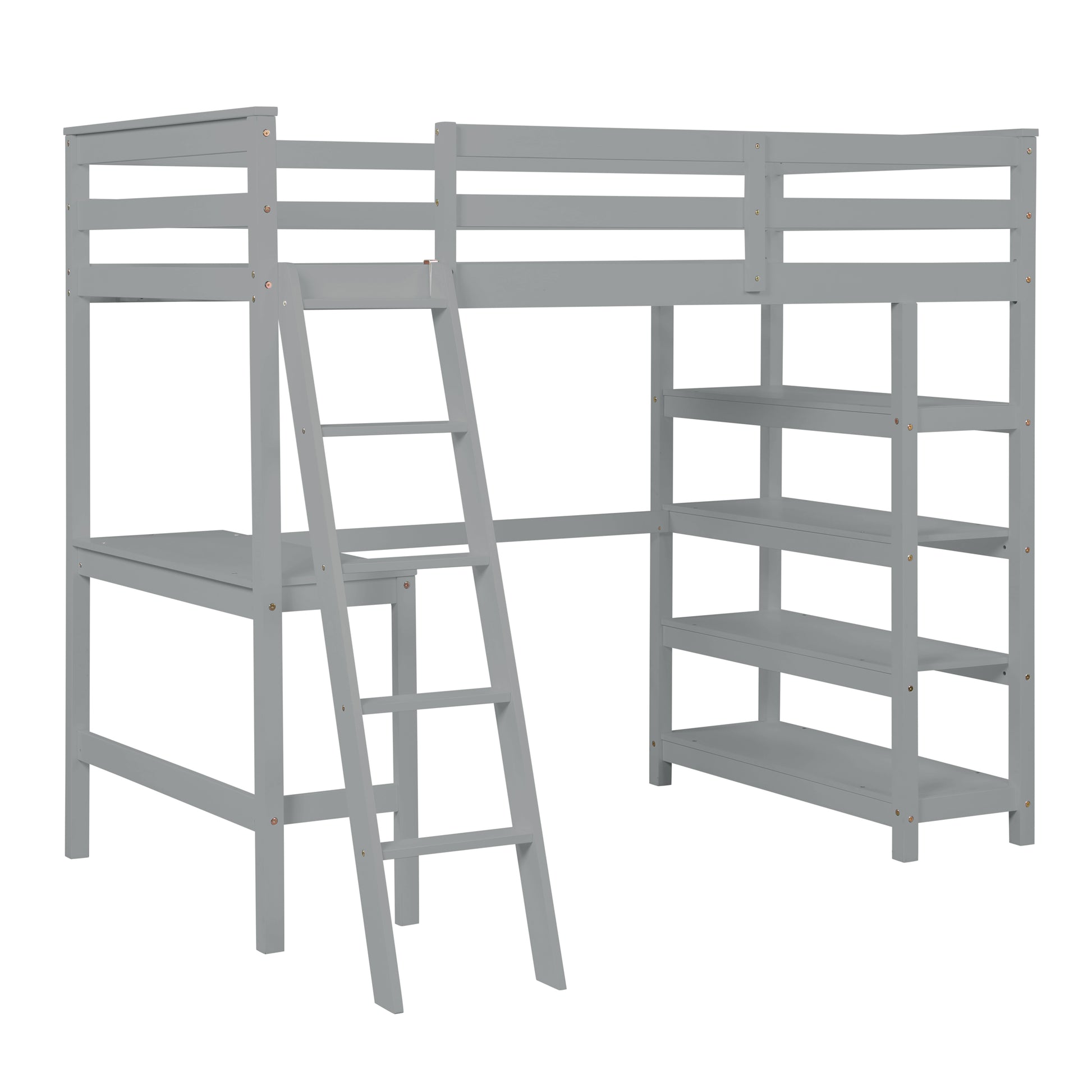 Loft Bed Twin With Desk,Ladder,Shelvesgrey Grey Pine