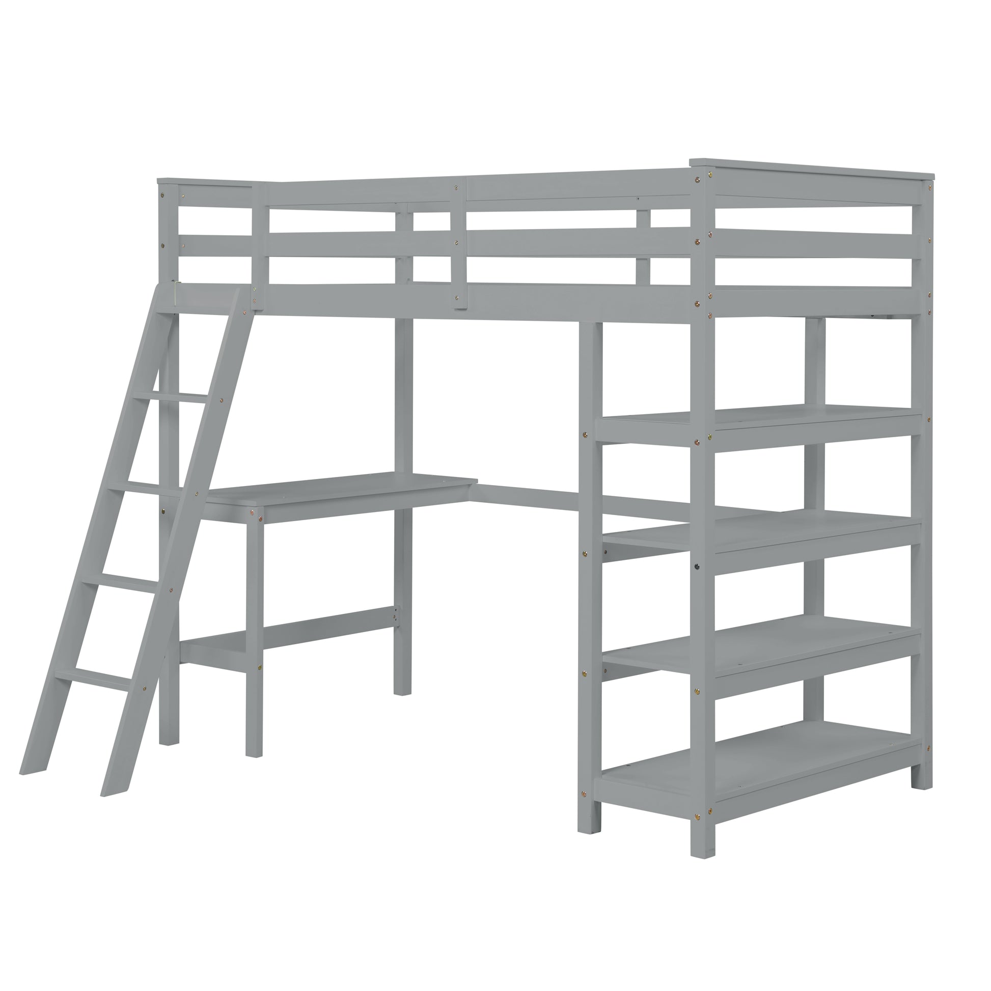 Loft Bed Twin With Desk,Ladder,Shelvesgrey Grey Pine