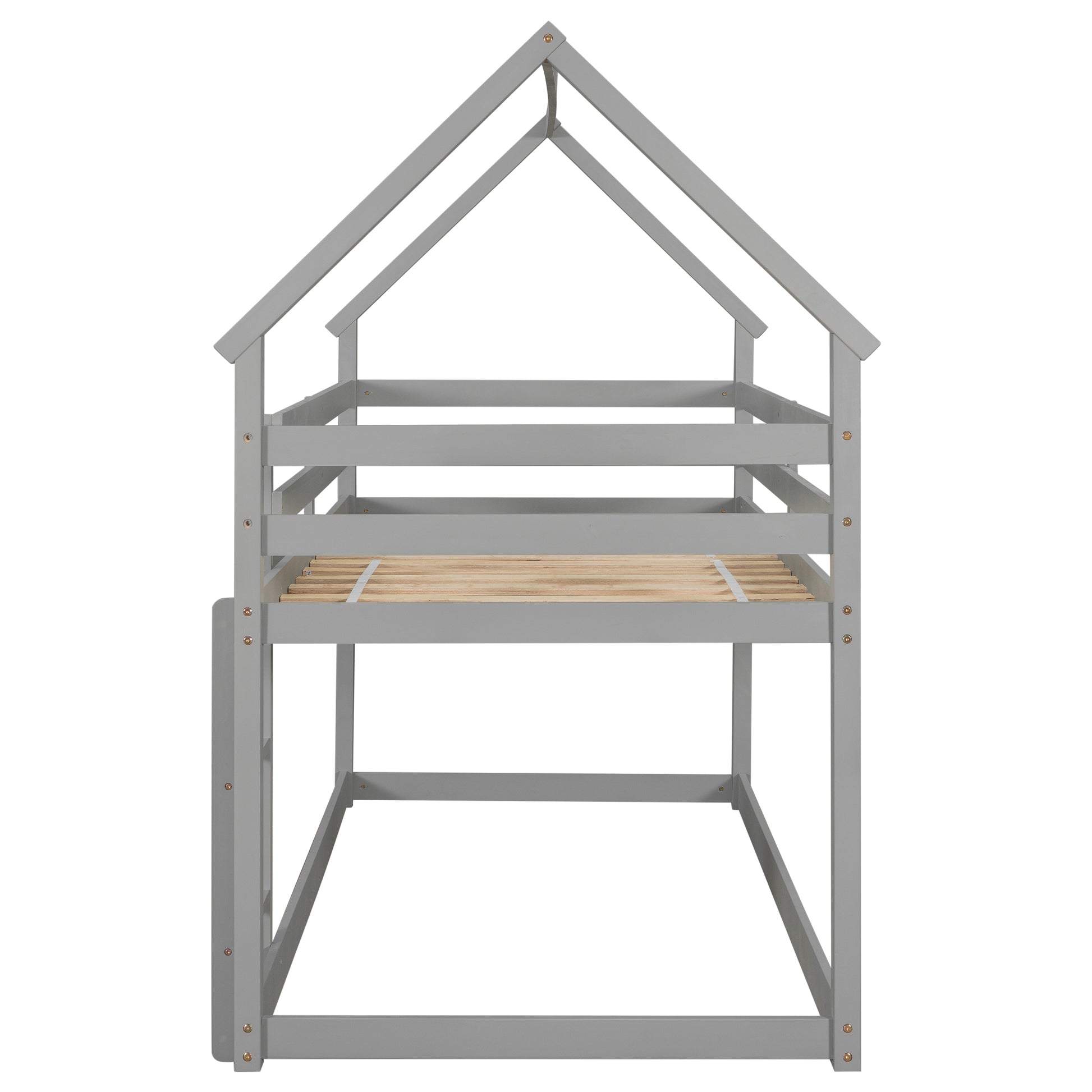 Twin Over Twin Loft Bed With Roof Design, Safety Guardrail, Ladder, Grey Grey Pine