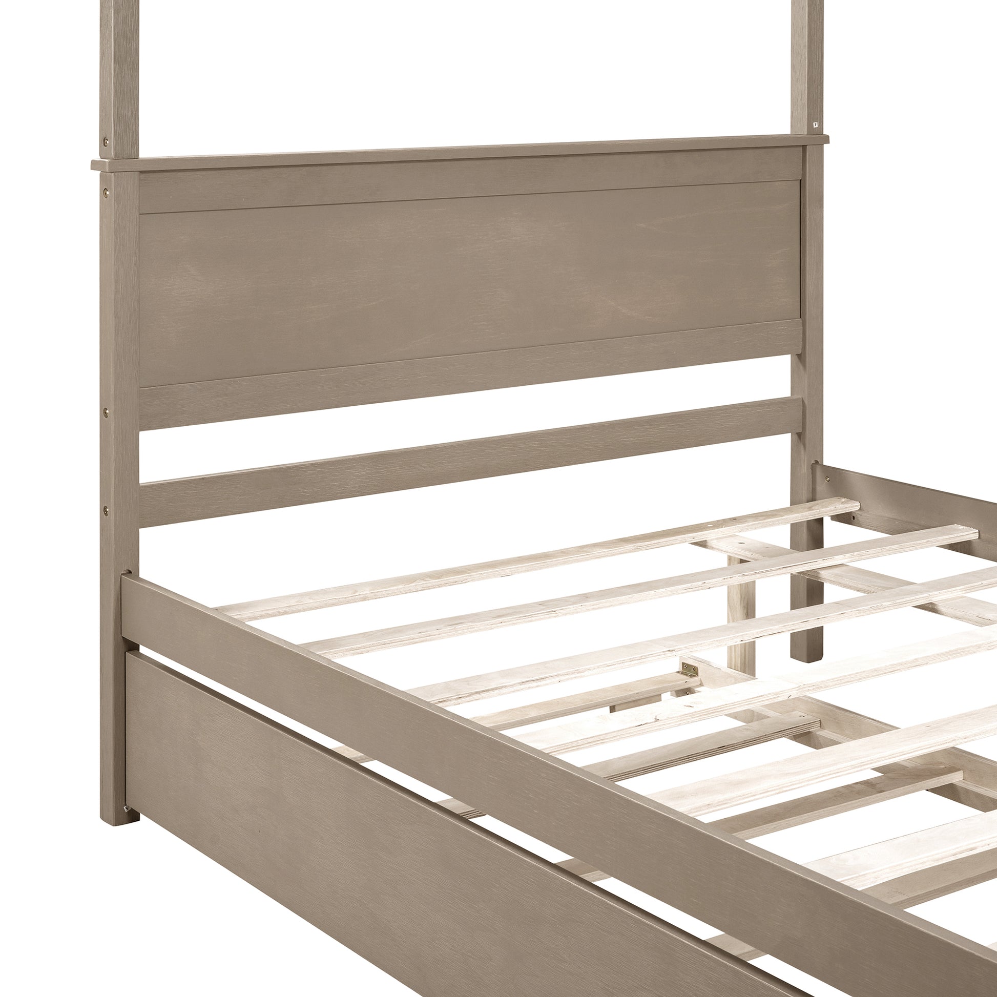 Wood Canopy Bed With Trundle Bed ,Full Size Canopy Platform Bed With Support Slats .No Box Spring Needed, Brushed Light Brown Light Brown Solid Wood