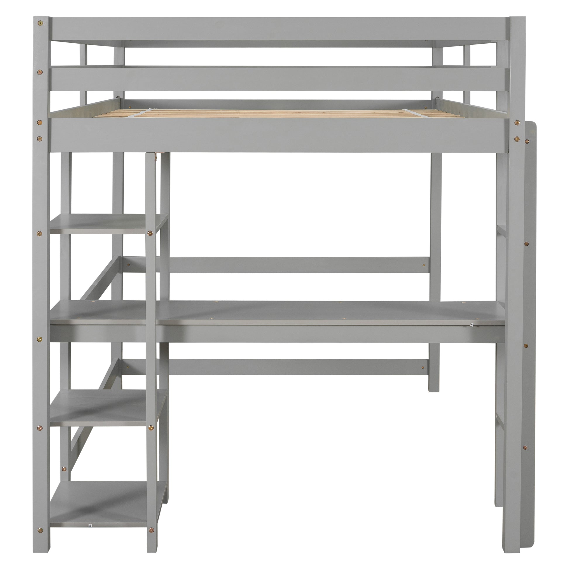 Full Loft Bed With Desk ,Shelves And Ladder, Grey Grey Pine