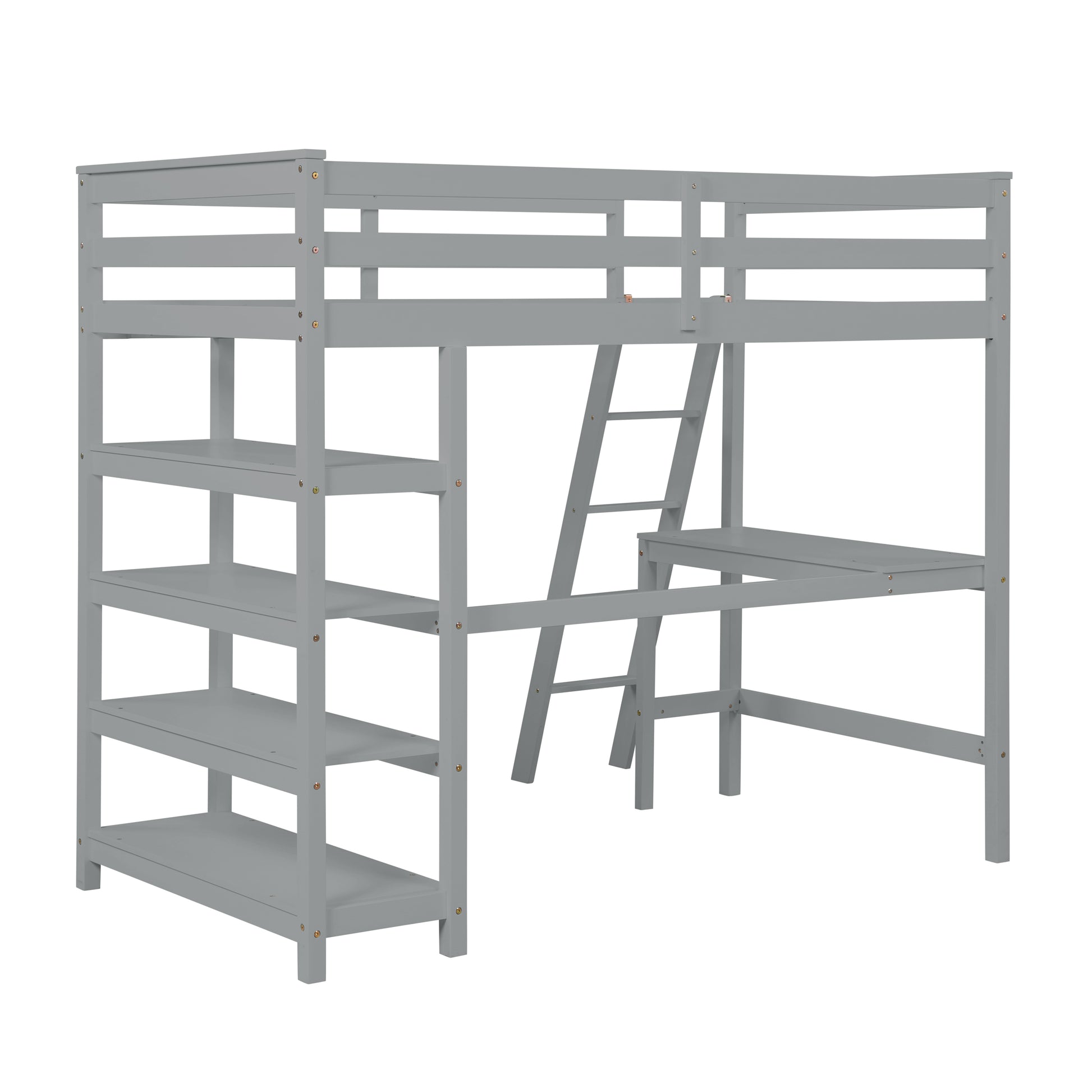 Loft Bed Twin With Desk,Ladder,Shelvesgrey Grey Pine