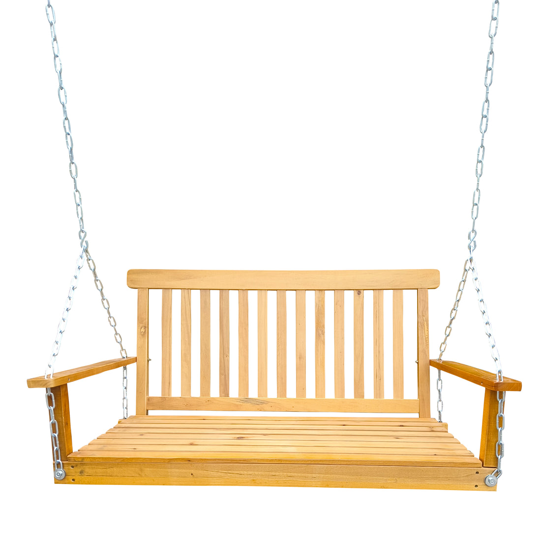 Front Porch Swing With Armrests, Wood Bench Swing With Hanging Chains,For Outdoor Patio ,Garden Yard, Porch, Backyard, Or Sunroom,Easy To Assemble,Teak Teak Solid Wood