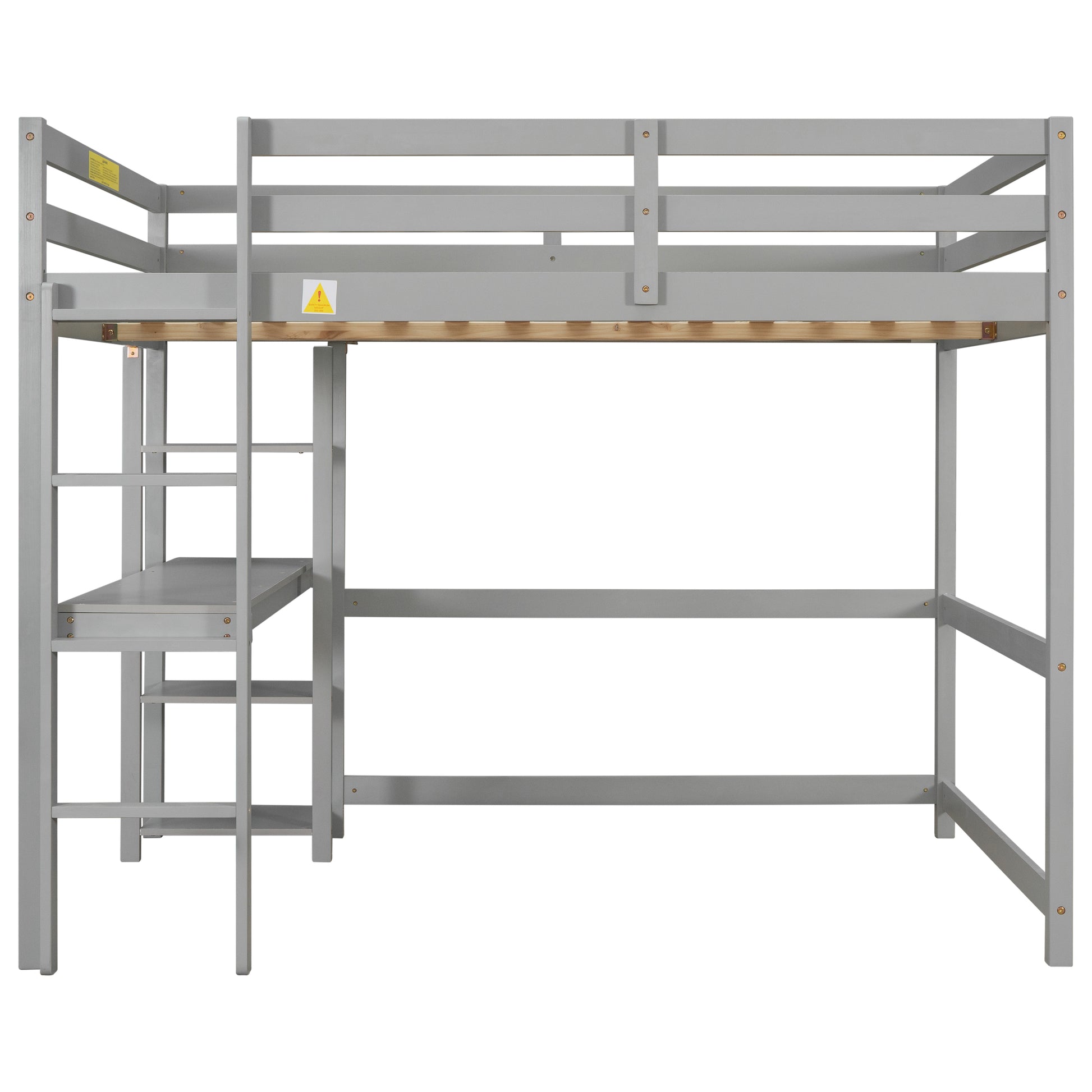 Full Loft Bed With Desk ,Shelves And Ladder, Grey Grey Pine