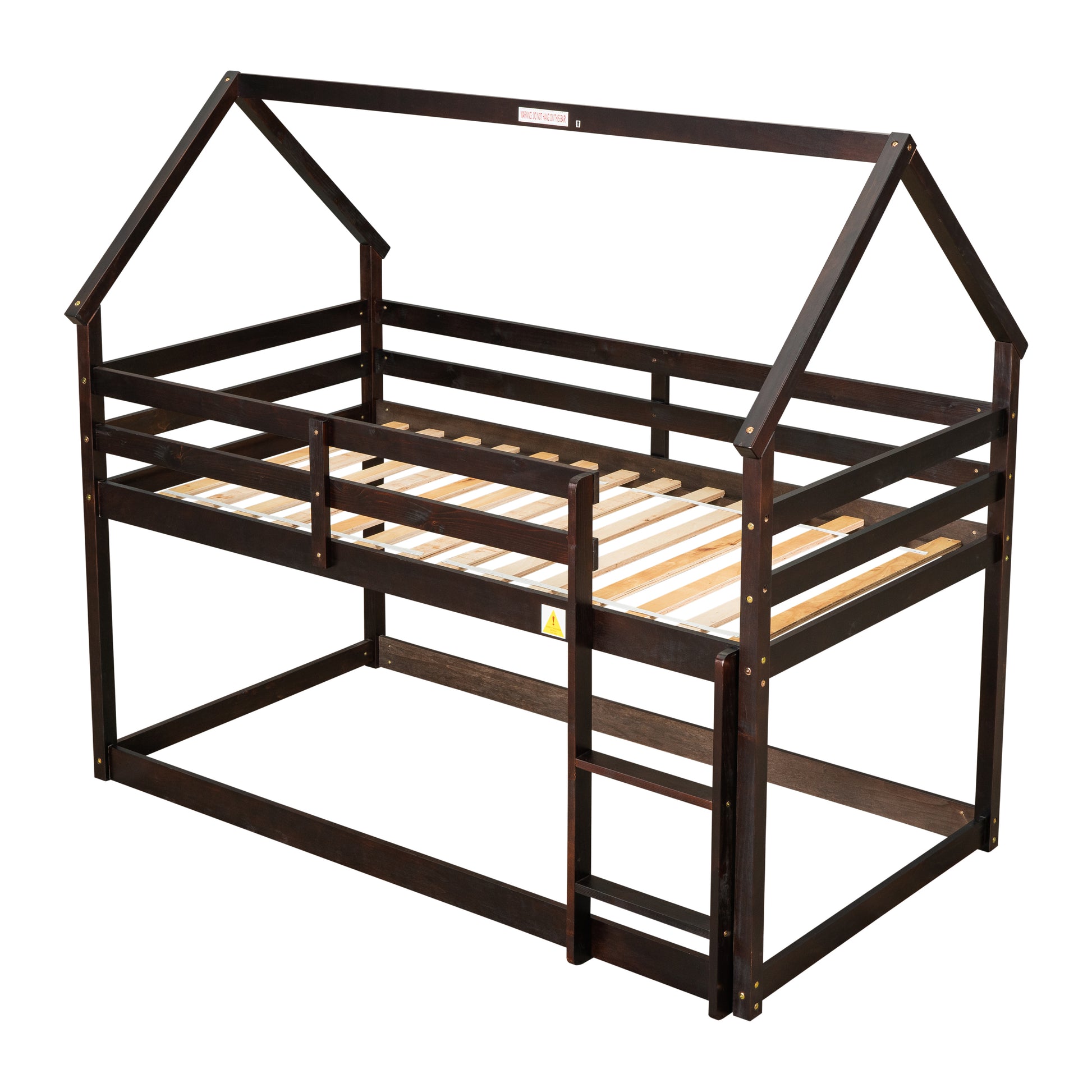 Twin Over Twin Loft Bed With Roof Design, Safety Guardrail, Ladder, Espresso Espresso Pine