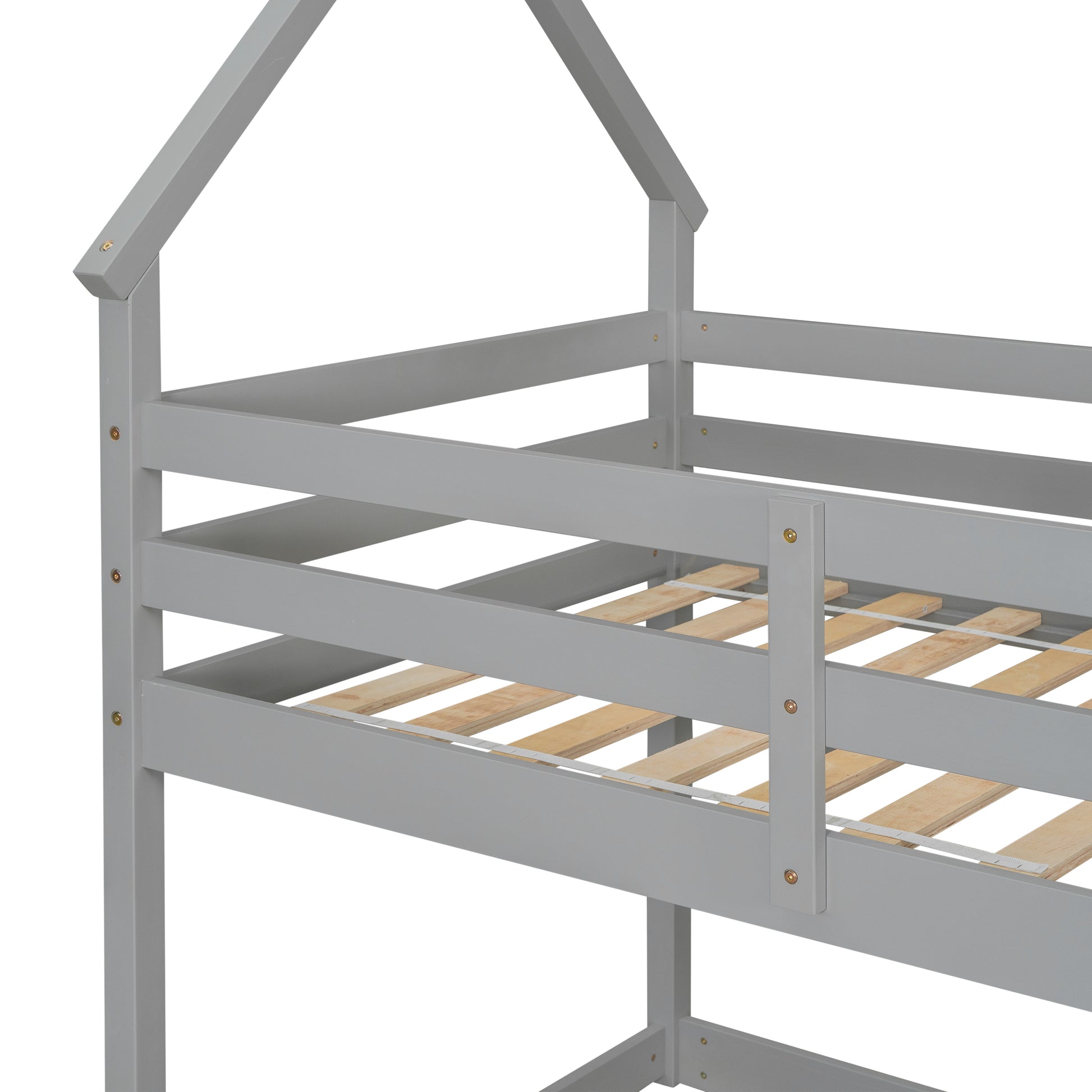 Twin Over Twin Loft Bed With Roof Design, Safety Guardrail, Ladder, Grey Grey Pine