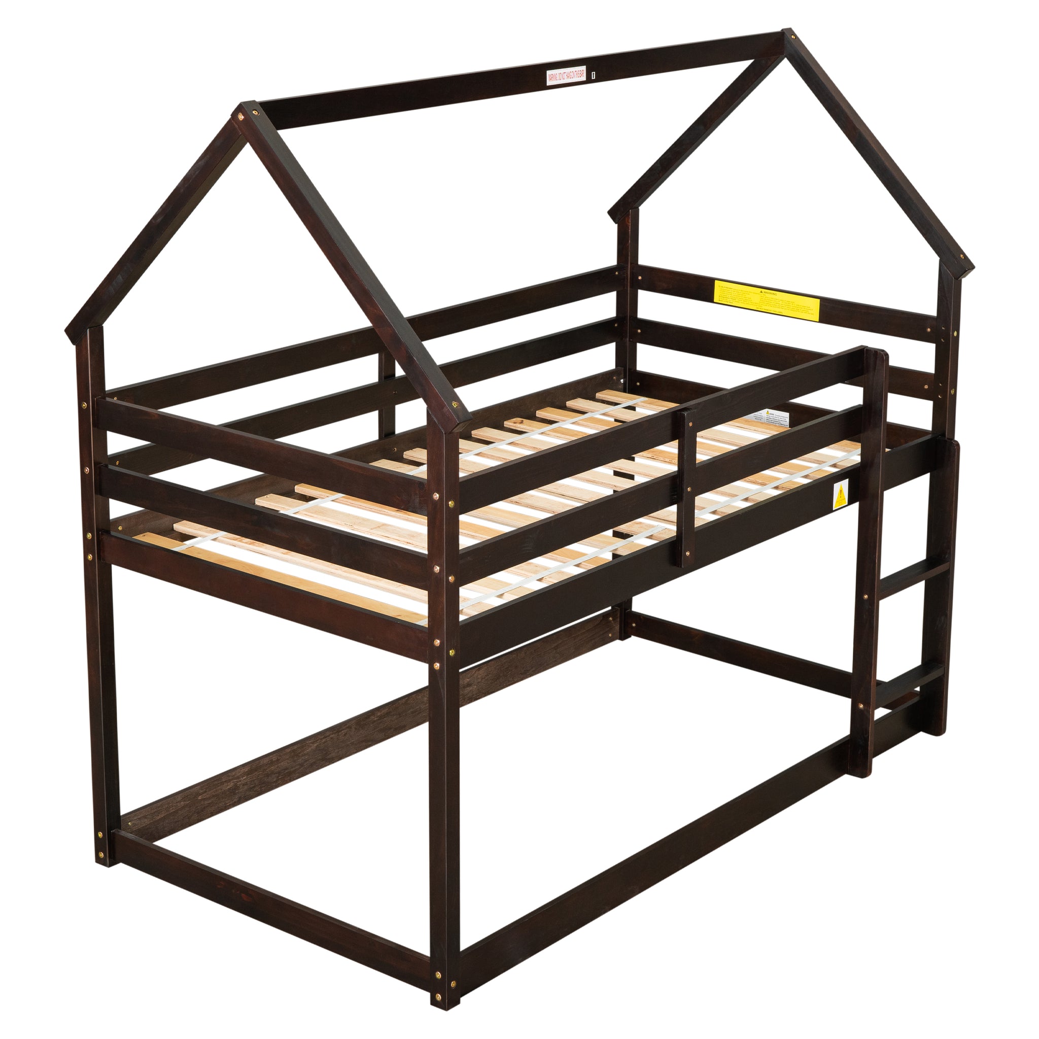 Twin Over Twin Loft Bed With Roof Design, Safety Guardrail, Ladder, Espresso Espresso Pine