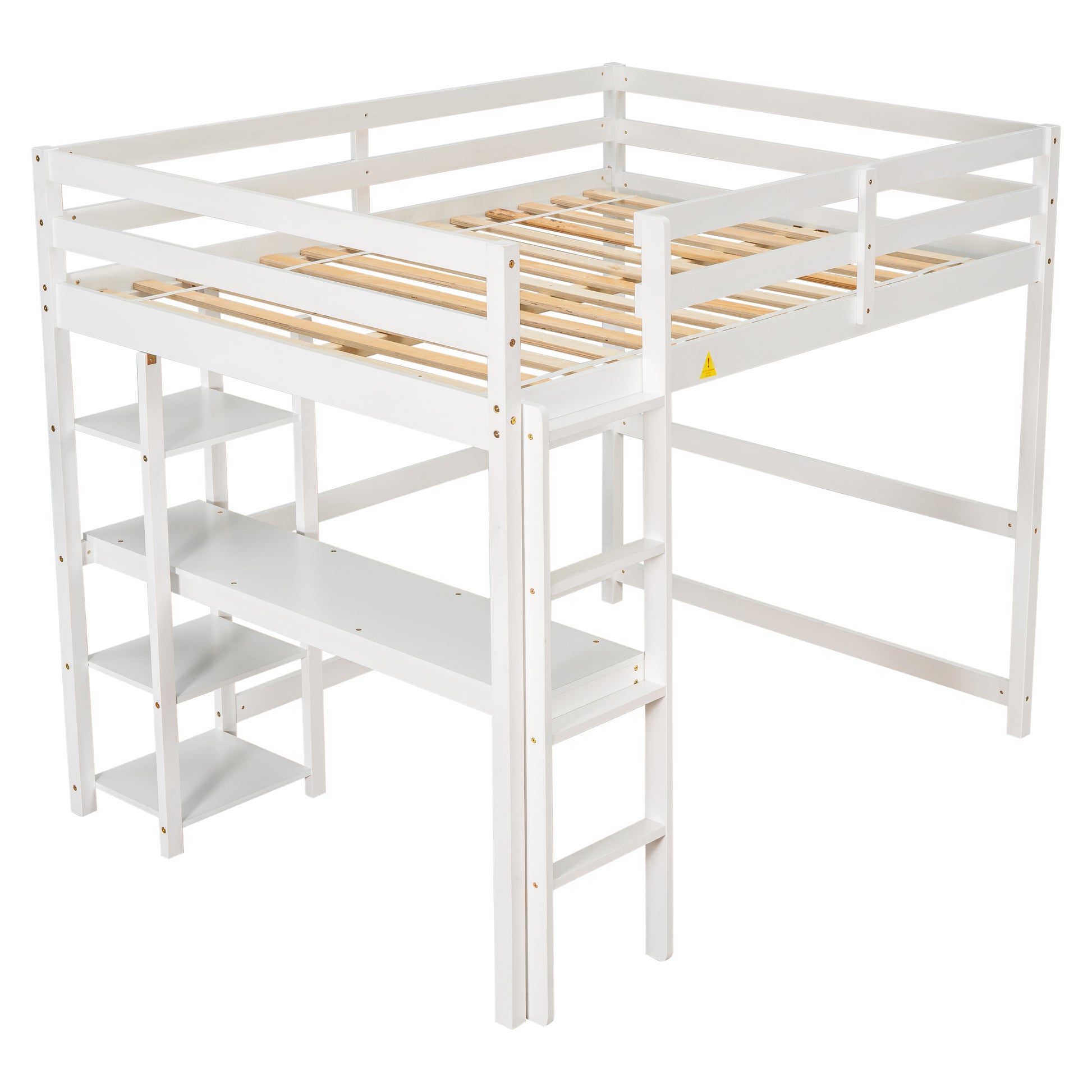 Full Loft Bed With Desk And Shelves,White White Pine