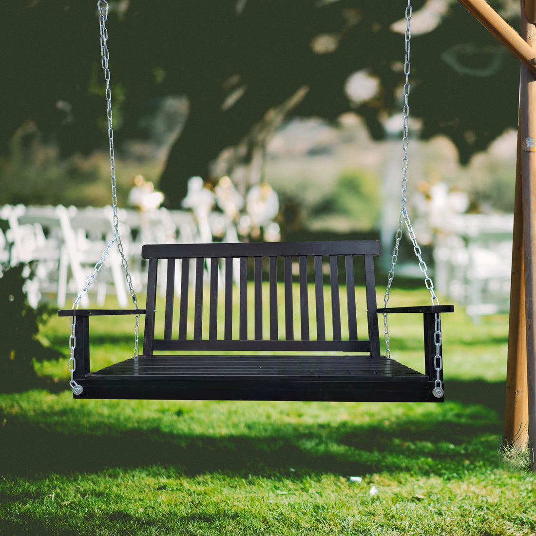 Front Porch Swing With Armrests, Wood Bench Swing With Hanging Chains,For Outdoor Patio ,Garden Yard, Porch, Backyard, Or Sunroom,Easy To Assemble,Black Black Solid Wood