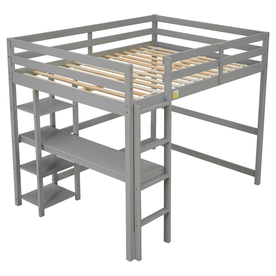 Full Loft Bed With Desk ,Shelves And Ladder, Grey Grey Pine