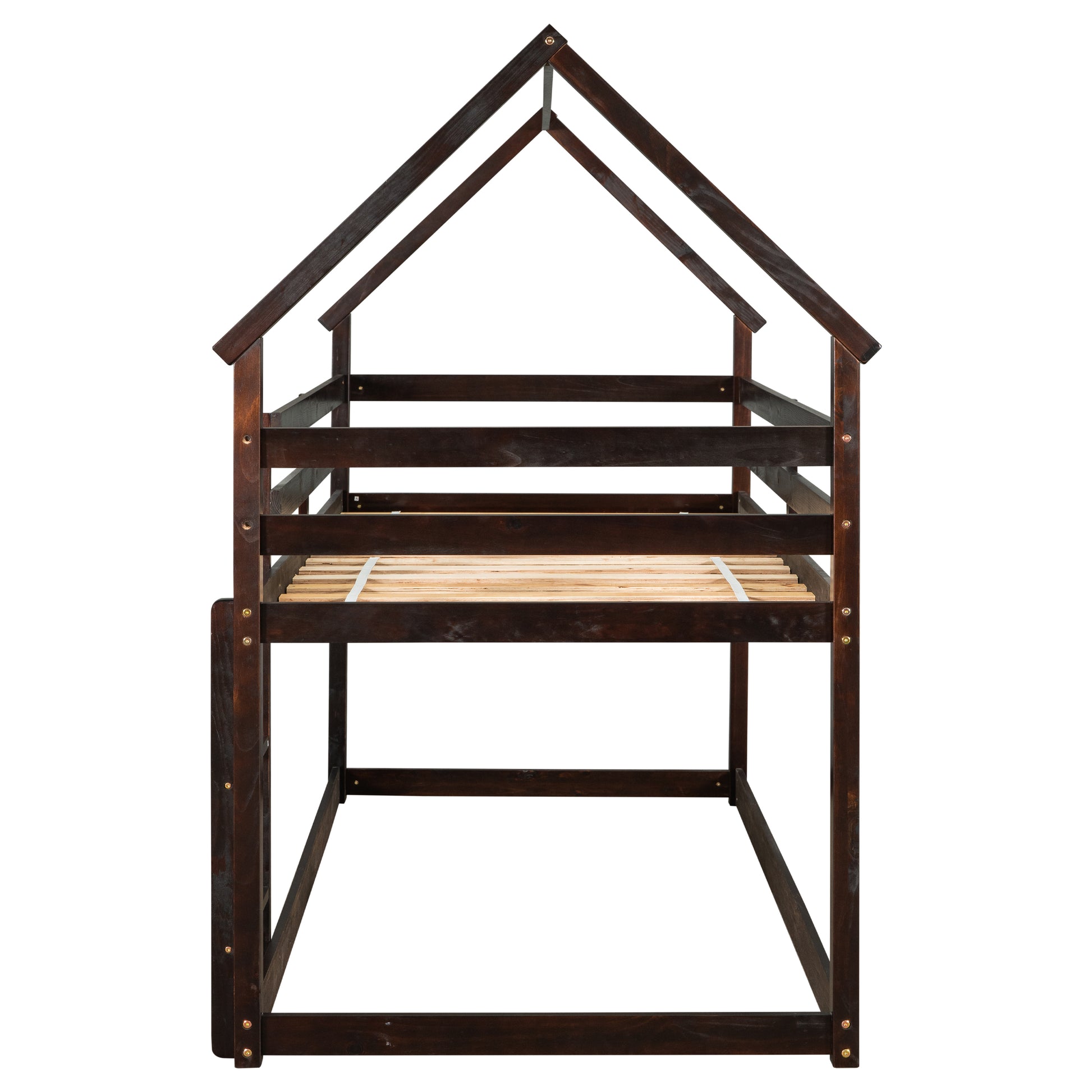 Twin Over Twin Loft Bed With Roof Design, Safety Guardrail, Ladder, Espresso Espresso Pine