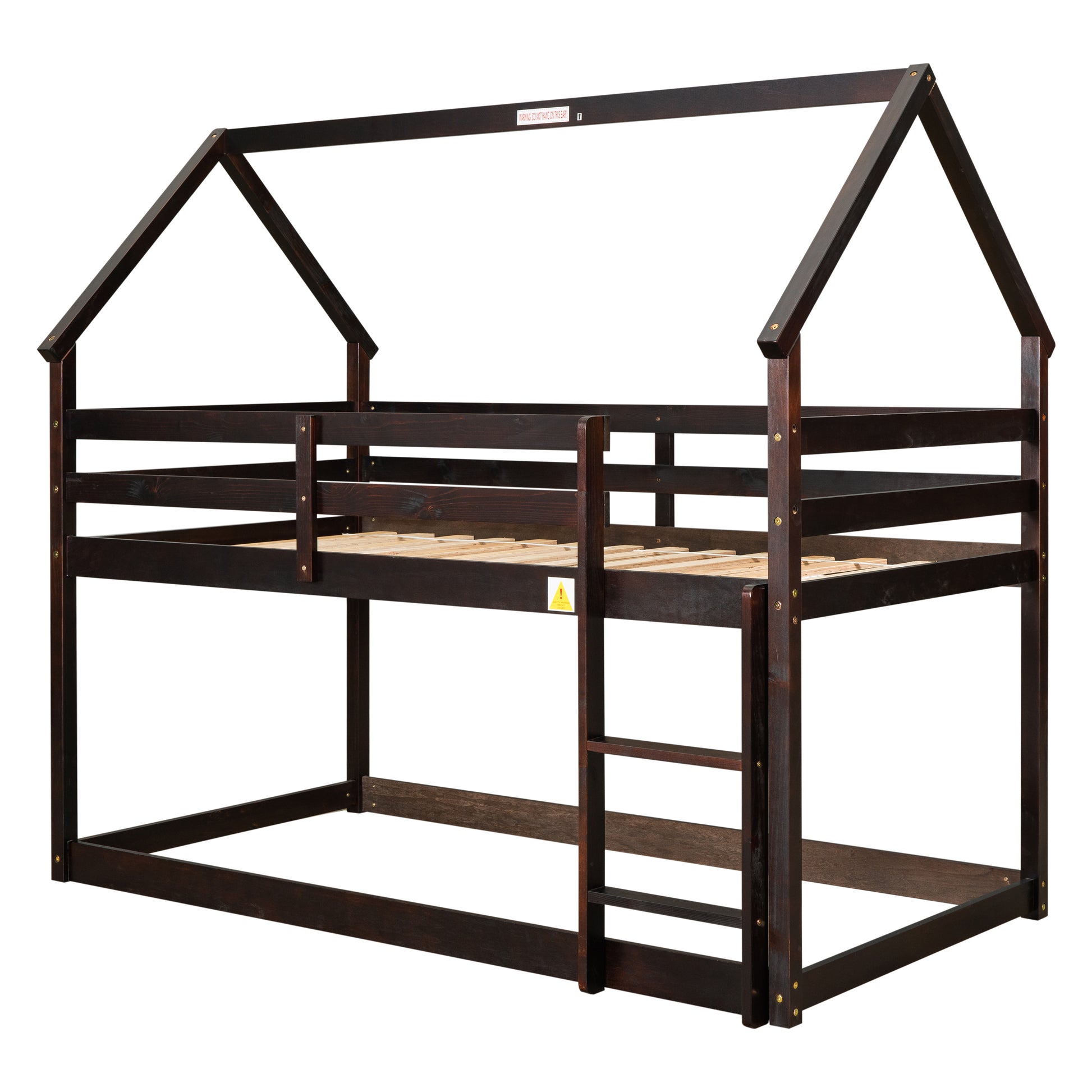 Twin Over Twin Loft Bed With Roof Design, Safety Guardrail, Ladder, Espresso Espresso Pine