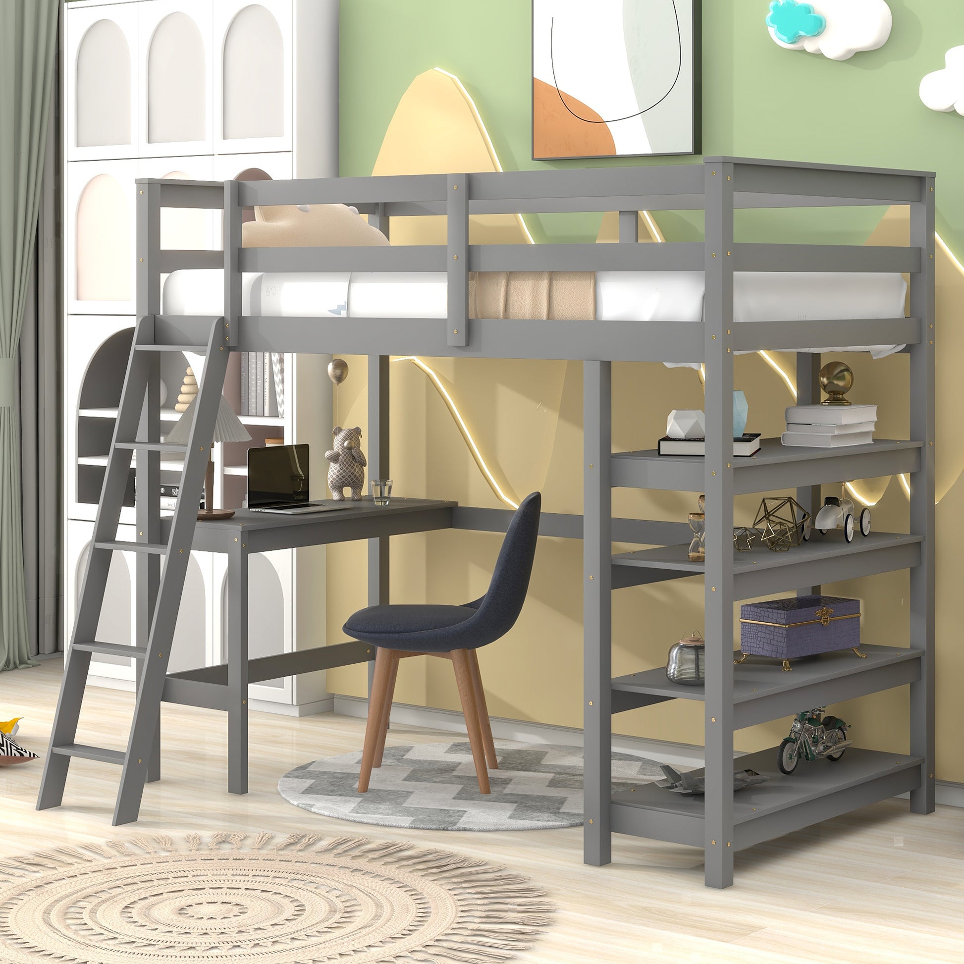 Loft Bed Twin With Desk,Ladder,Shelvesgrey Grey Pine