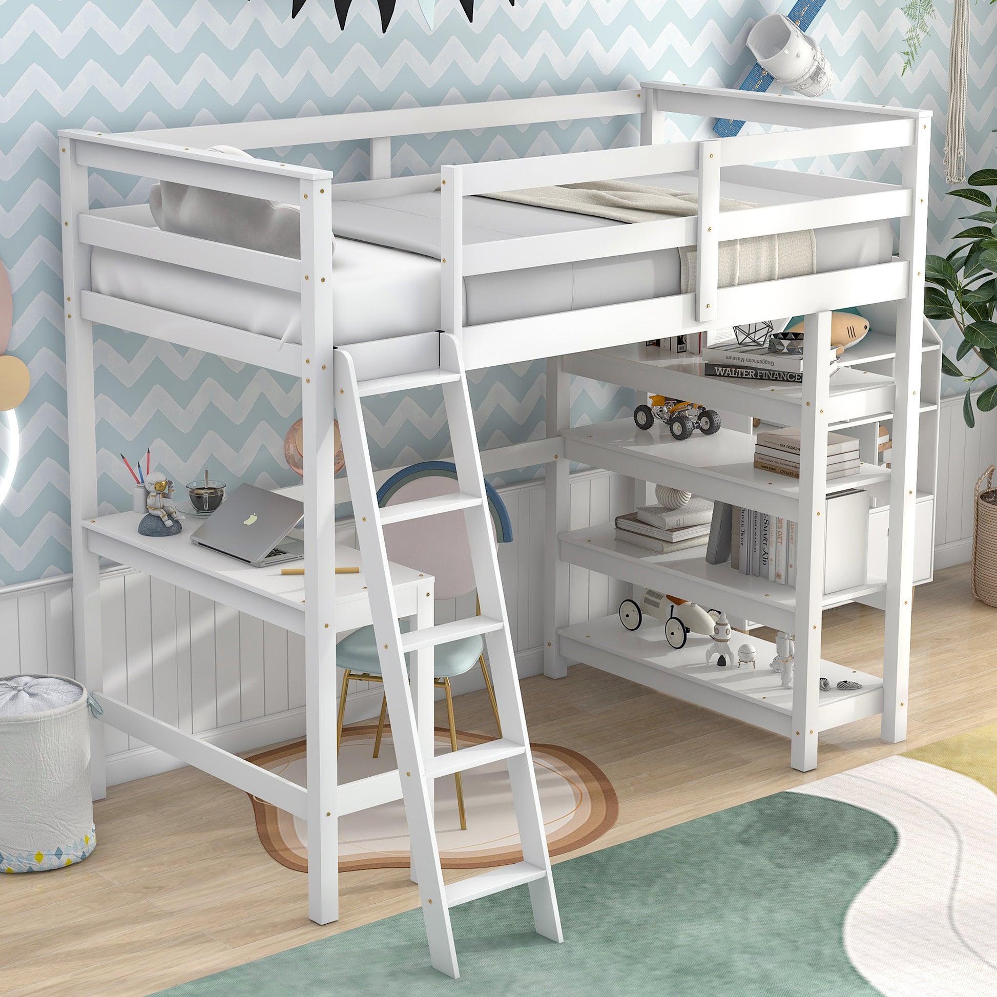 Twin Loft Bed With Desk,Ladder,Shelveswhite White Pine