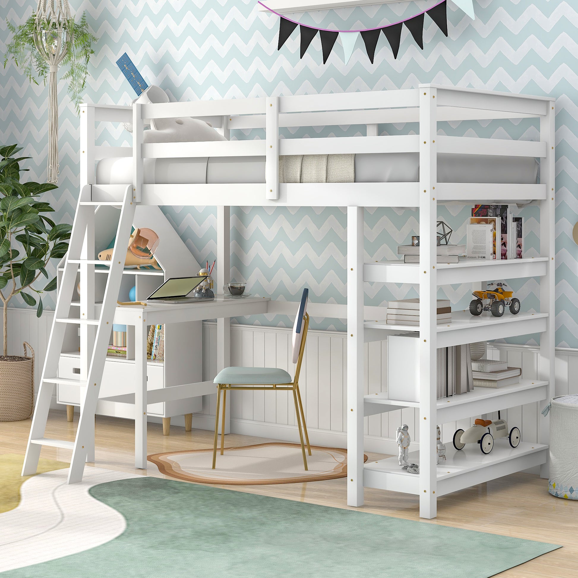 Twin Loft Bed With Desk,Ladder,Shelveswhite White Pine