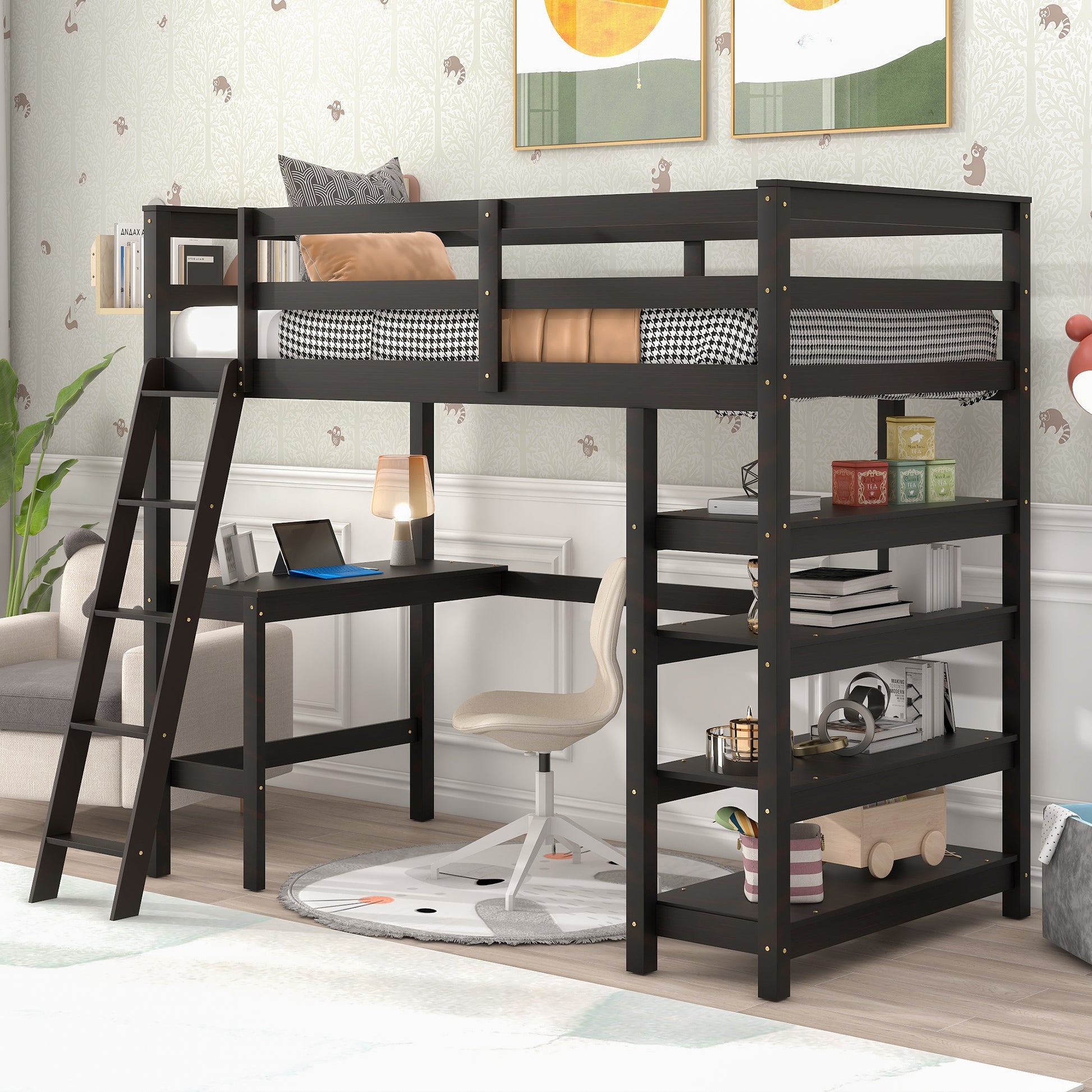 Twin Loft Bed With Desk,Ladder,Shelvesespresso Espresso Pine