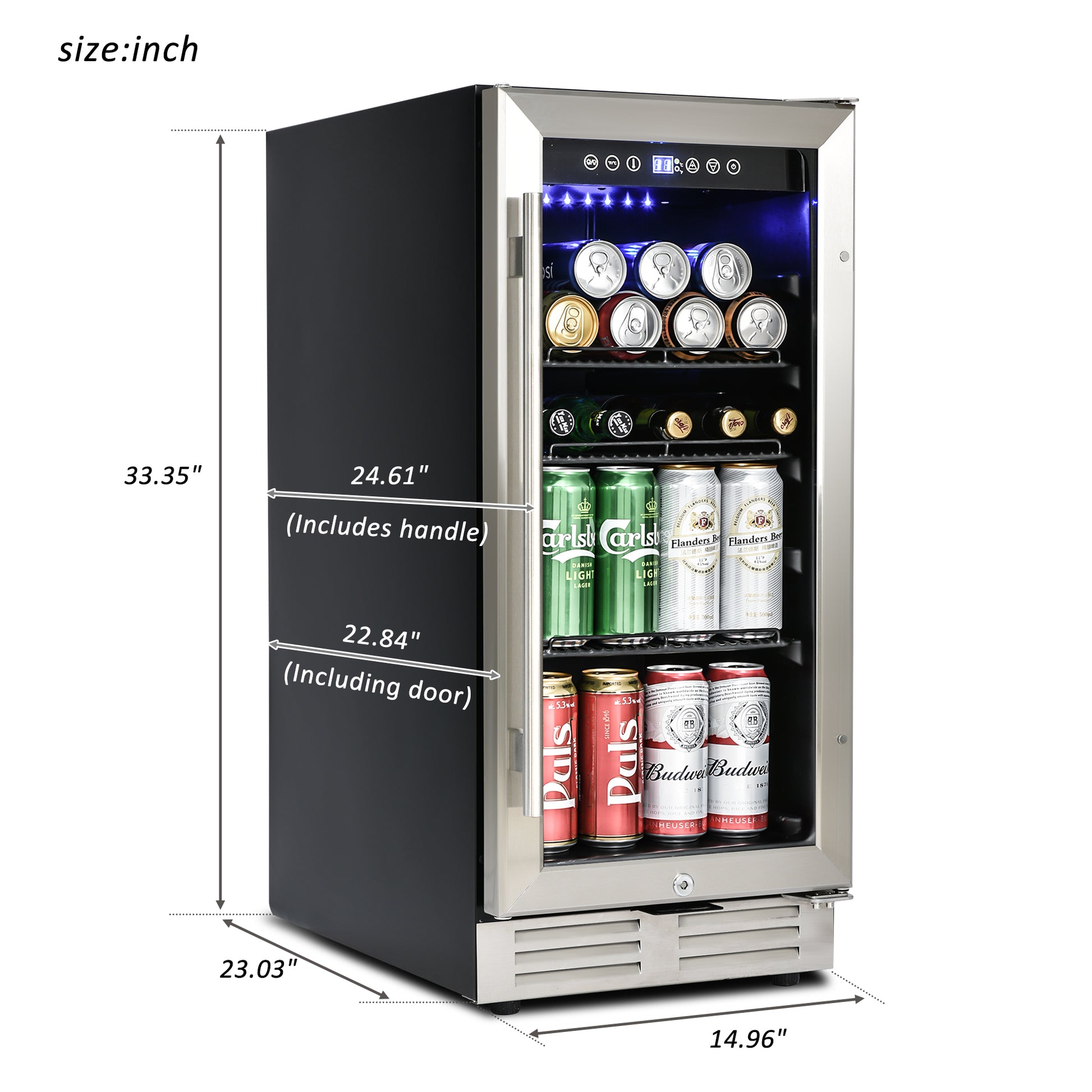 Built In And Freestanding 15" Mini Beverage Refrigerator Wine Cabinet, 120 Cans, 37 65 F, Quiet, Adjustable Shelves, Led Lighting, Etltouch Controls, Defrost, Double Glass Door, Kitchen Bar Office Black And Silver Steel Stainless Steel