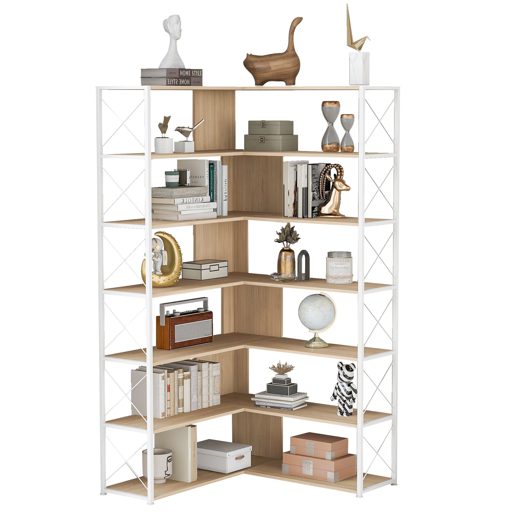 7 Tier Bookcase Home Office Bookshelf, L Shaped Corner Bookcase With Metal Frame, Industrial Style Shelf With Open Storage, Mdf Board Oak Mdf