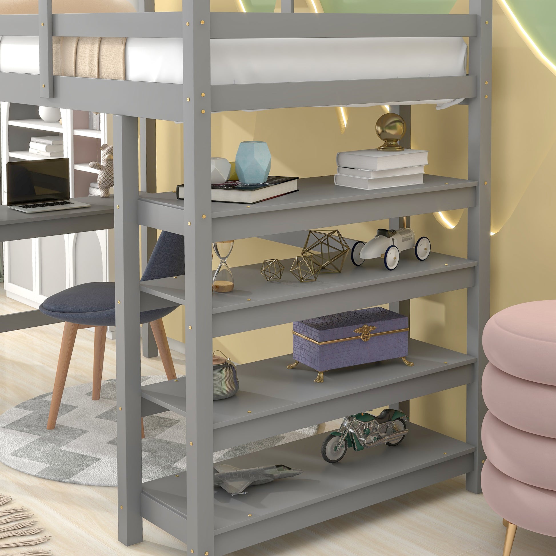 Loft Bed Twin With Desk,Ladder,Shelvesgrey Grey Pine