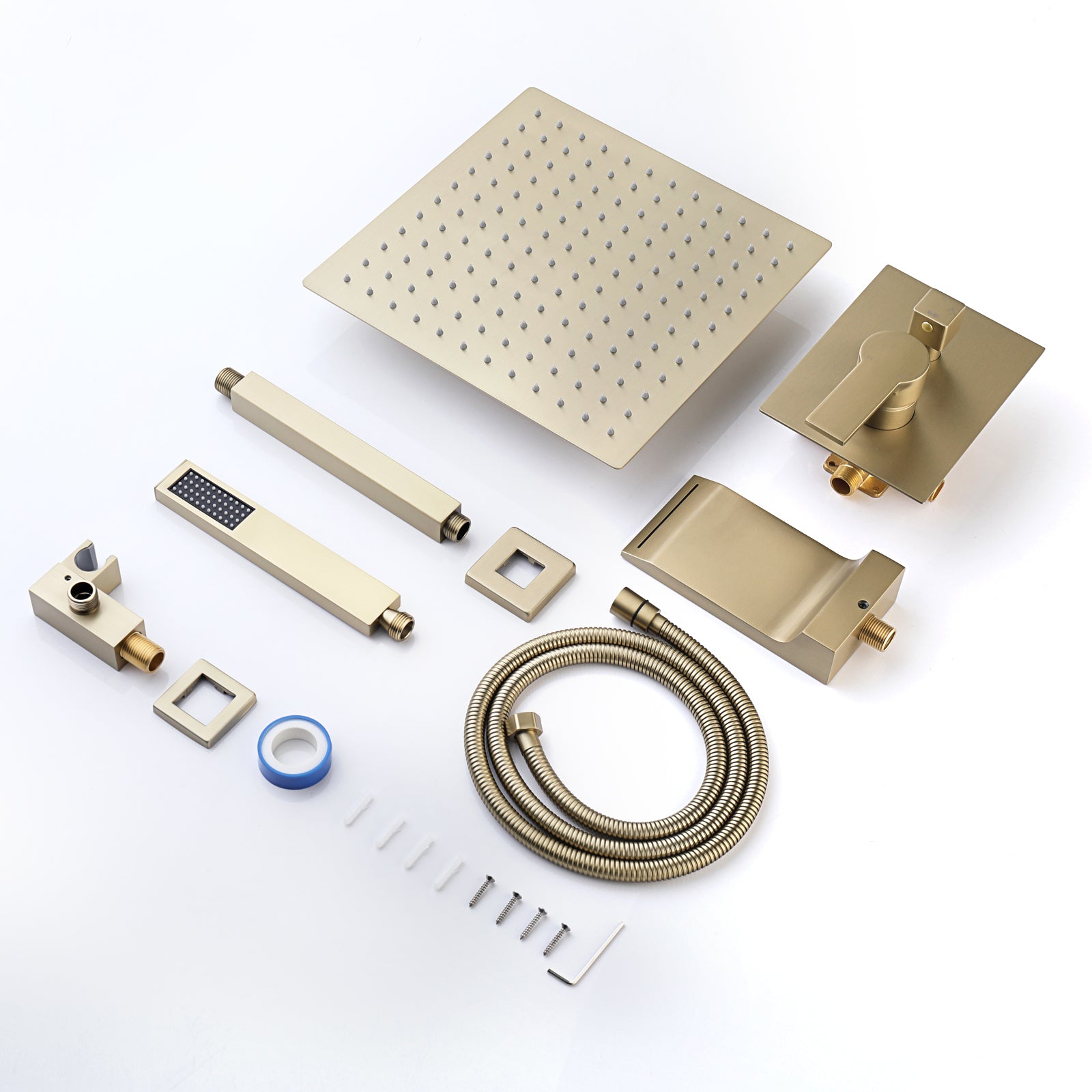 12Inch Shower System With Waterfall Tub Spout And Handheld Shower Head Brushed Gold Stainless Steel