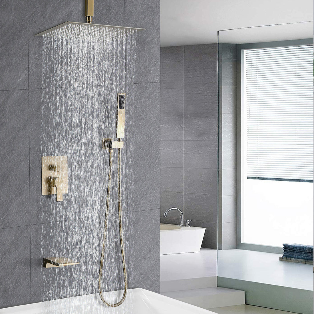 12Inch Shower System With Waterfall Tub Spout And Handheld Shower Head Brushed Gold Stainless Steel