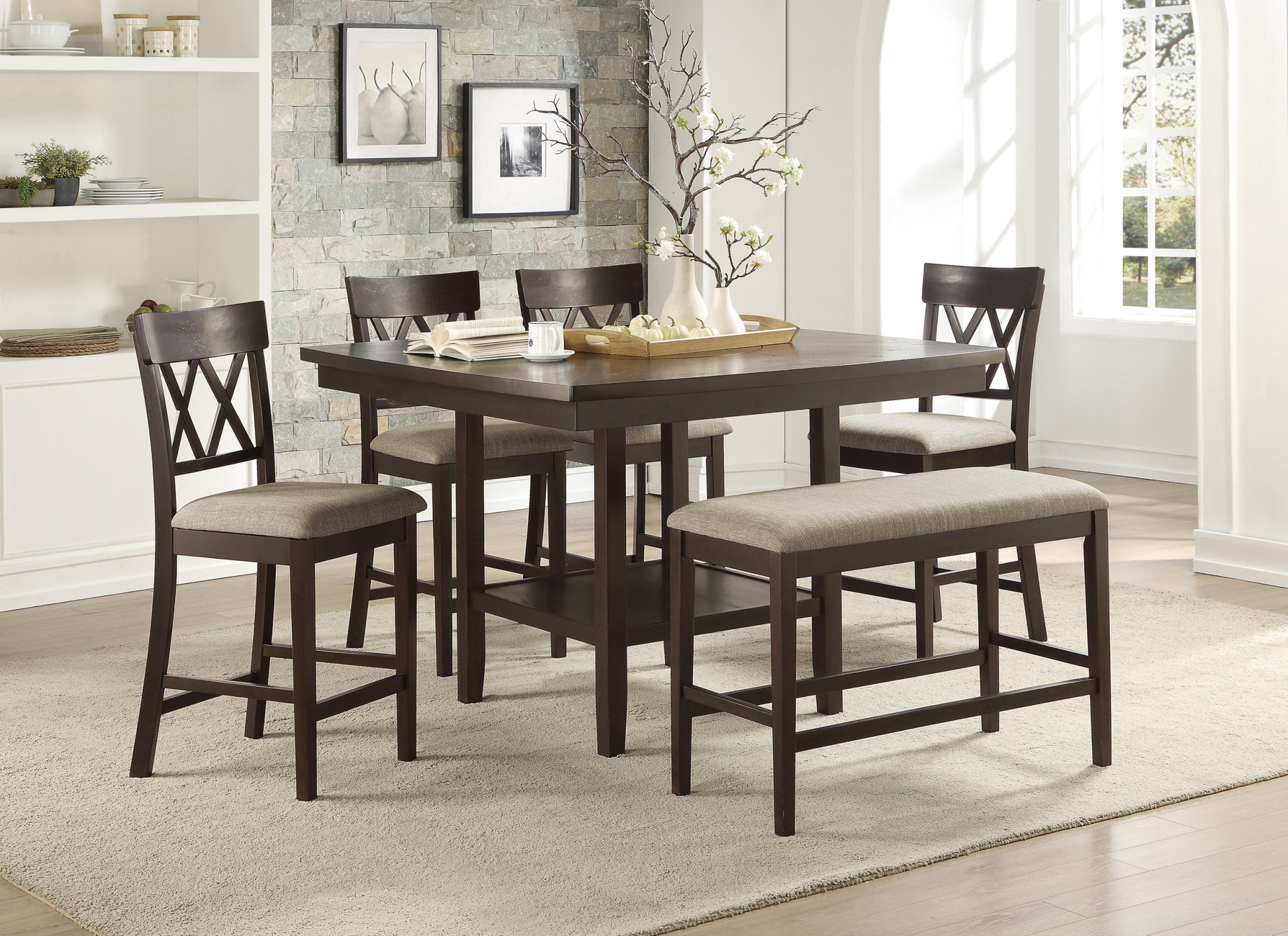 Dark Brown Finish Counter Height Table With Lazy Susan Lower Display Shelf And 4X Counter Height Chairs Bench Contemporary Dining 6Pc Set Wooden Furniture Wood Wood Brown Mix Seats 6 Wood Dining Room Dining Table With Chair And Bench Wood