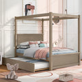 Wood Canopy Bed With Trundle Bed ,Full Size Canopy Platform Bed With Support Slats .No Box Spring Needed, Brushed Light Brown Light Brown Solid Wood