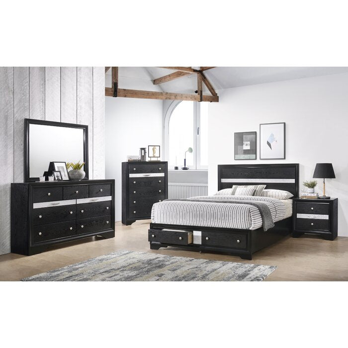 Traditional Style Queen 5 Pc Storage Bedroom Set In Black Made With Wood Box Spring Not Required Queen Black Wood 5 Piece Set Bedroom Bed Included,Chest Included,Dresser Included,Mirror