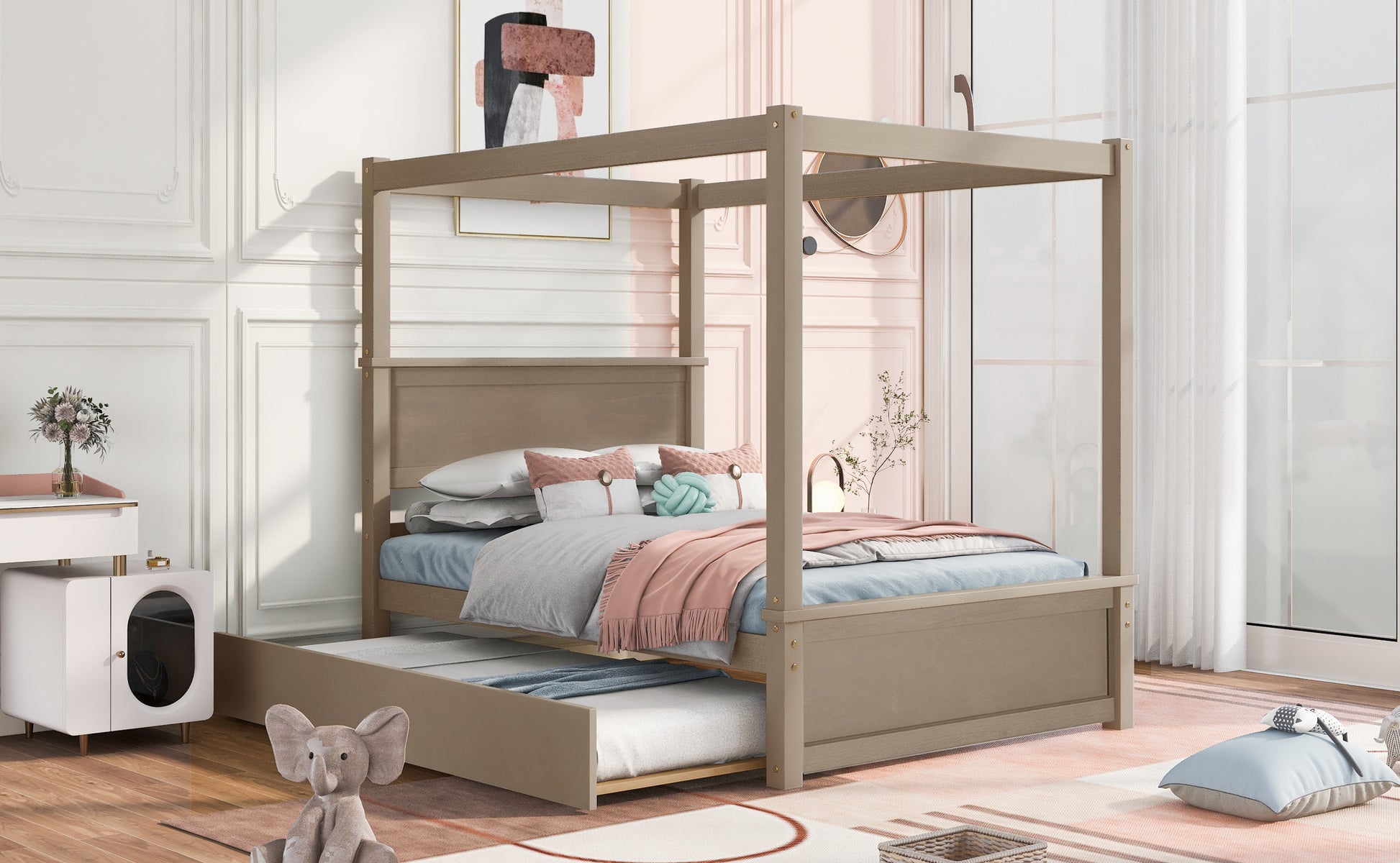 Wood Canopy Bed With Trundle Bed ,Full Size Canopy Platform Bed With Support Slats .No Box Spring Needed, Brushed Light Brown Light Brown Solid Wood