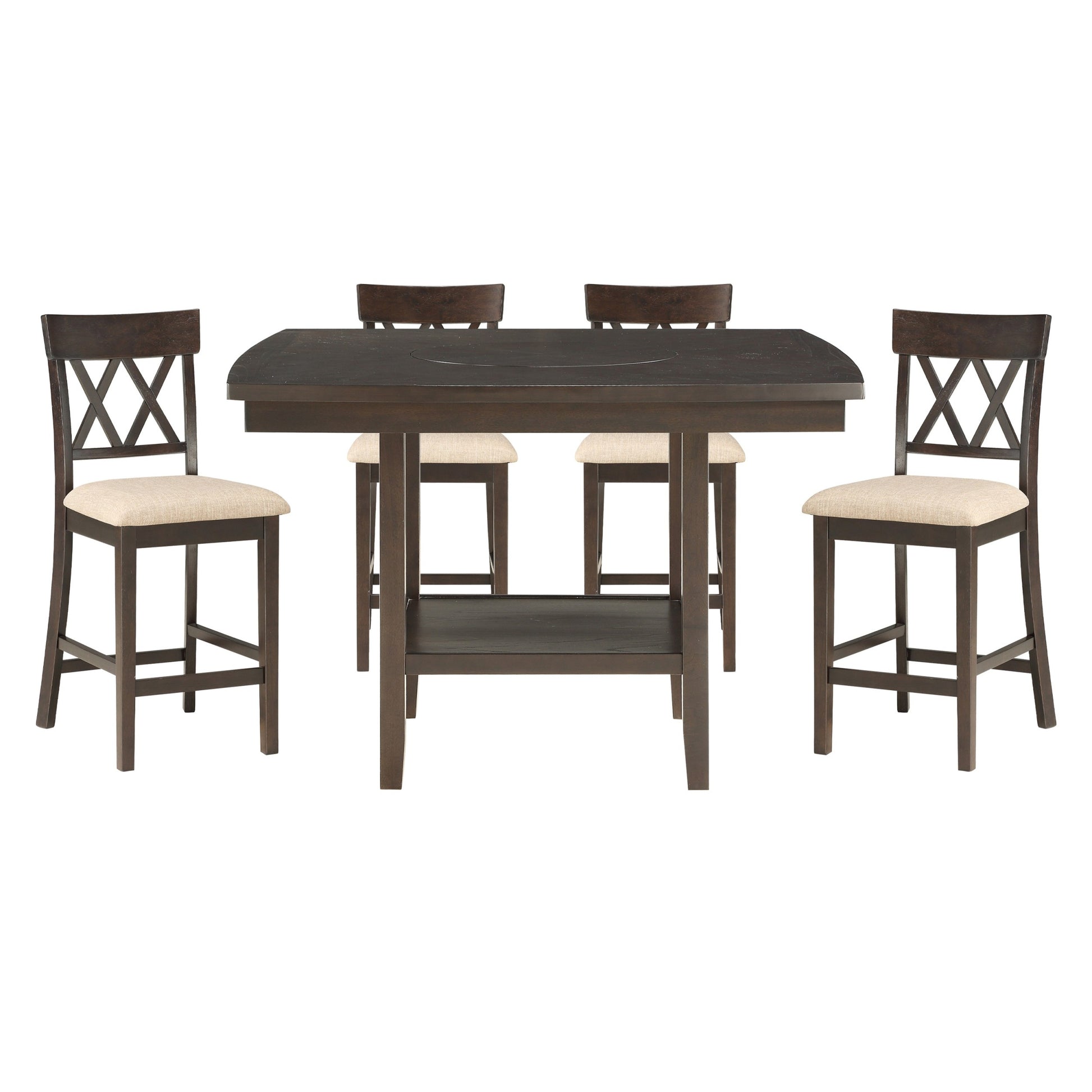 Dark Brown Finish Counter Height Table With Lazy Susan Lower Display Shelf And 4X Counter Height Chairs Contemporary Dining 5Pc Set Wooden Furniture Wood Wood Brown Mix Wood Dining Room Dining Table With Chair Wood