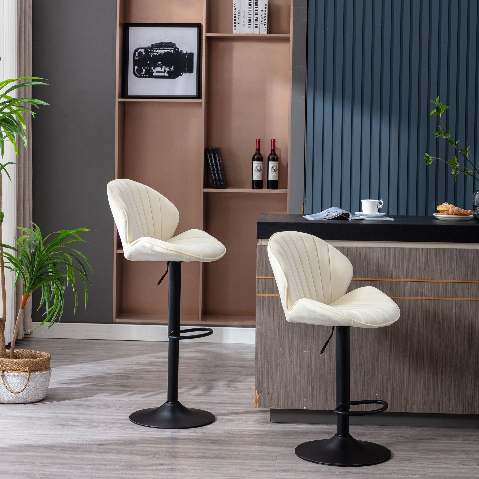 Bar Stools Set Of 2 Adjustable Barstools With Back And Footrest, Counter Height Bar Chairs For Kitchen, Pub Cream Cream Foam Fabric