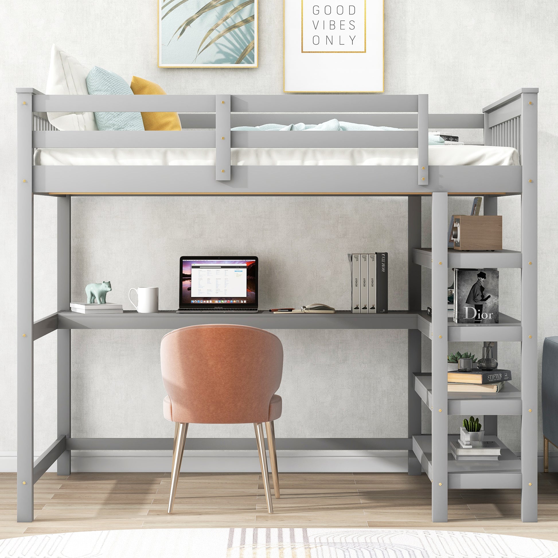 Full Size Loft Bed With Storage Shelves And Under Bed Desk, Gray Old Sku:Sm000246Aae 1 Box Spring Not Required Full Gray Wood Bedroom Pine