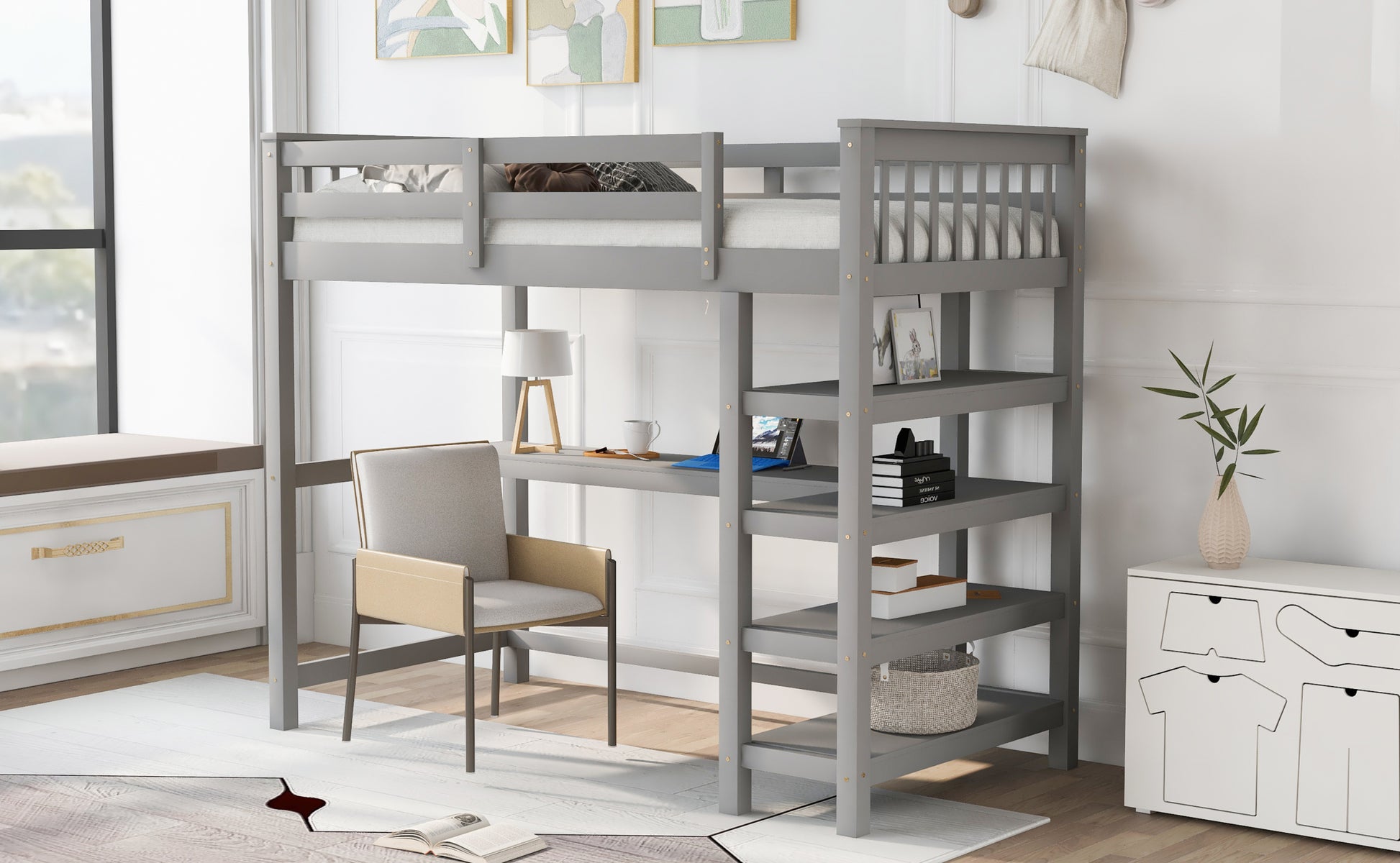 Twin Size Loft Bed With Storage Shelves And Under Bed Desk, Gray Old Sku:Sm000245Aae 1 Gray Pine