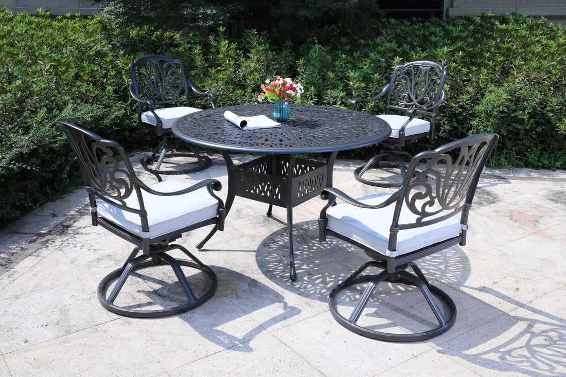 Round 4 Person 48.03" Long Aluminum Dining Set With Cushions Dark Gray White Polyester Aluminum