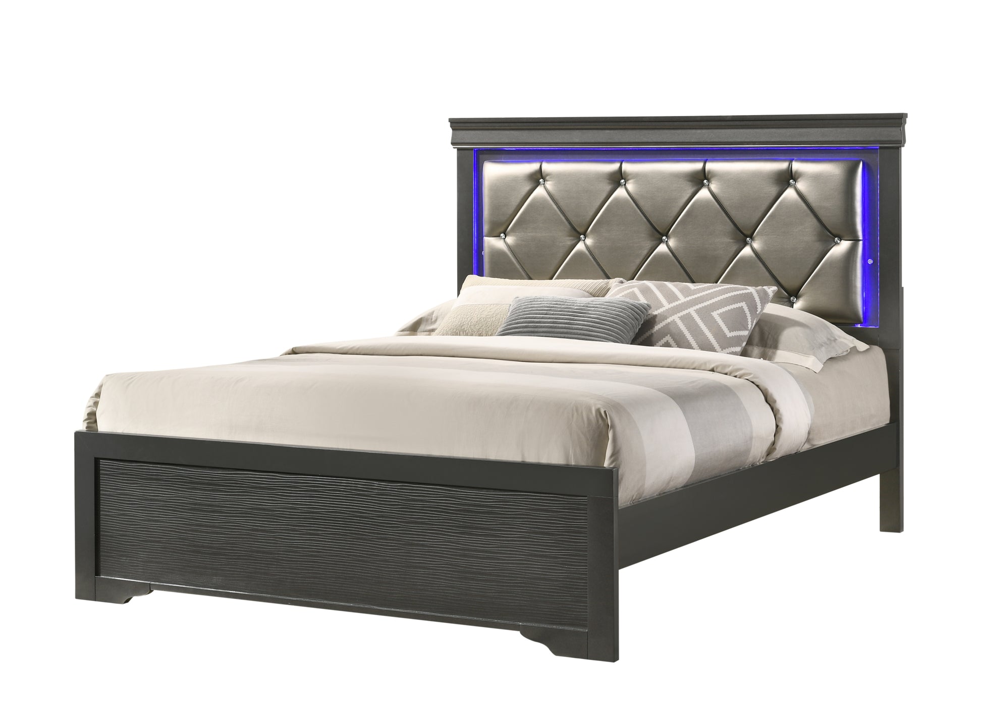 Brooklyn Queen 4 Piece Led Bedroom Set Made With Wood In Gray Box Spring Required Queen Gray Wood 4 Piece Set Bedroom Bed Included,Dresser Included,Mirror Included,Nightstand Included Modern Acacia Upholstered Polyester Tufted Wood