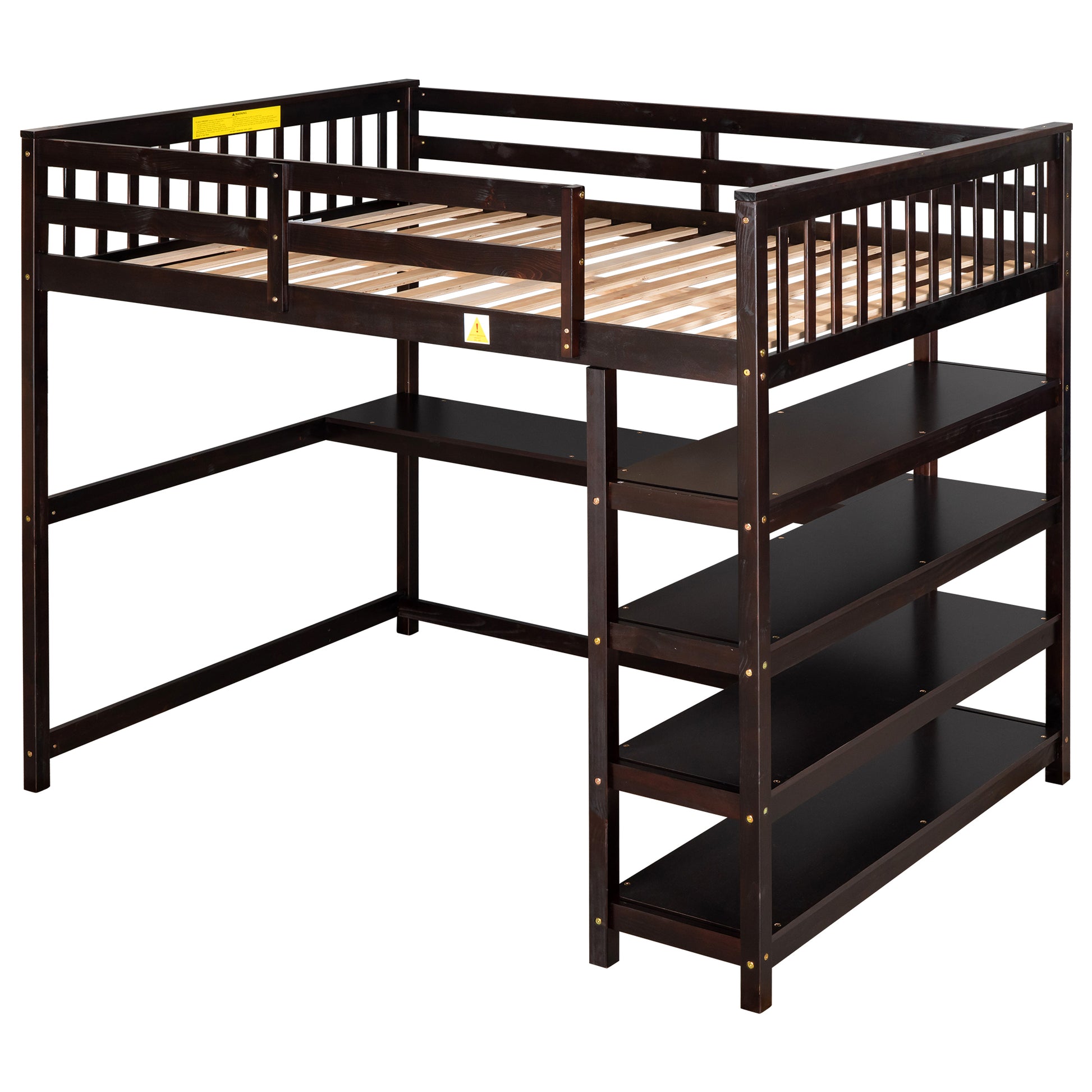 Full Size Loft Bed With Storage Shelves And Under Bed Desk, Espresso Old Sku:Sm000246Aap 1 Box Spring Not Required Full Espresso Wood Bedroom Pine