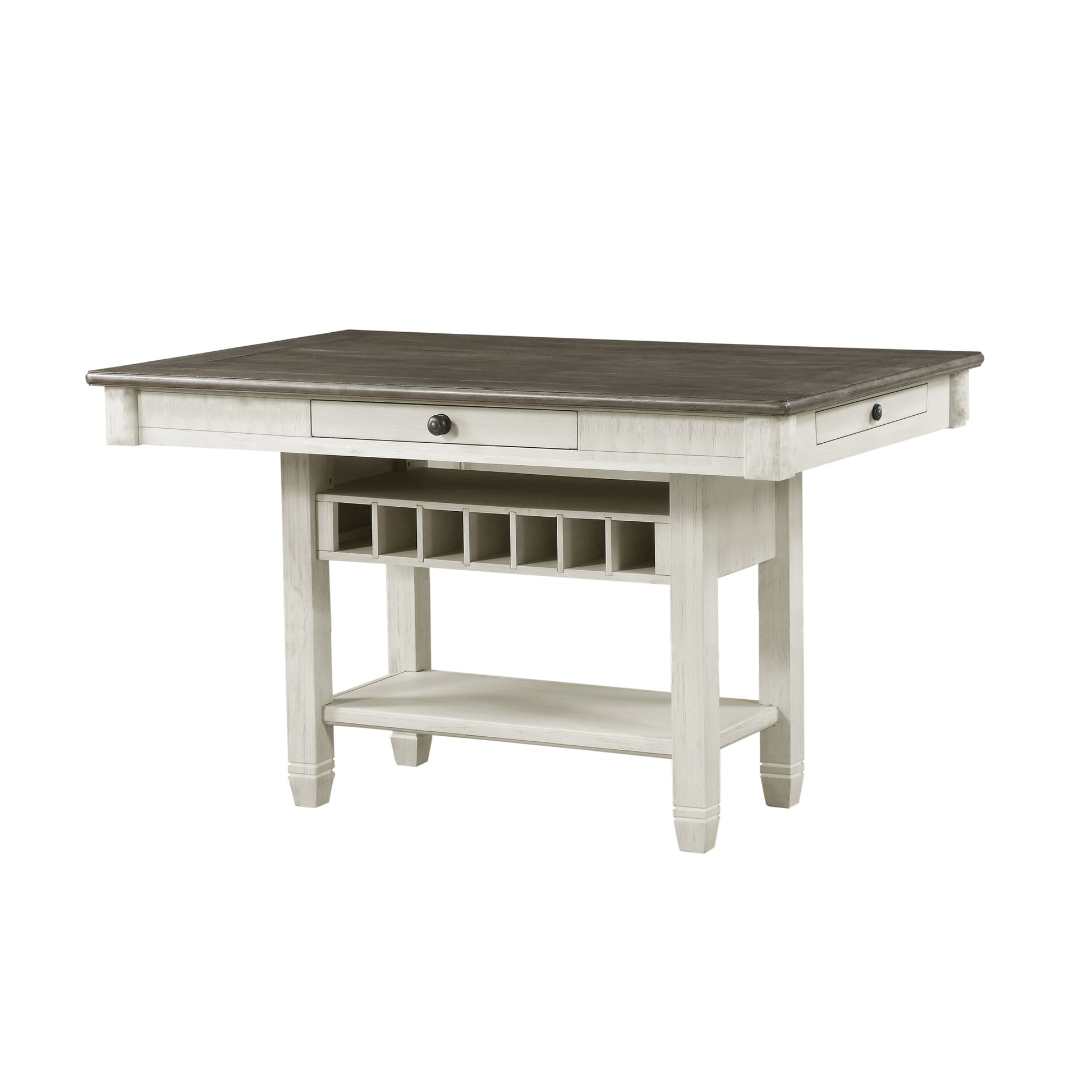 Antique White And Rosy Brown Counter Height Dining 7Pc Set Counter Height Table W Storage Display Shelf 4X Drawers Wine Rack And 6X Counter Height Chairs Wood Wood Antique White Seats 6 Wood Dining Room Casual Rectangular Dining Table With Chair Wood