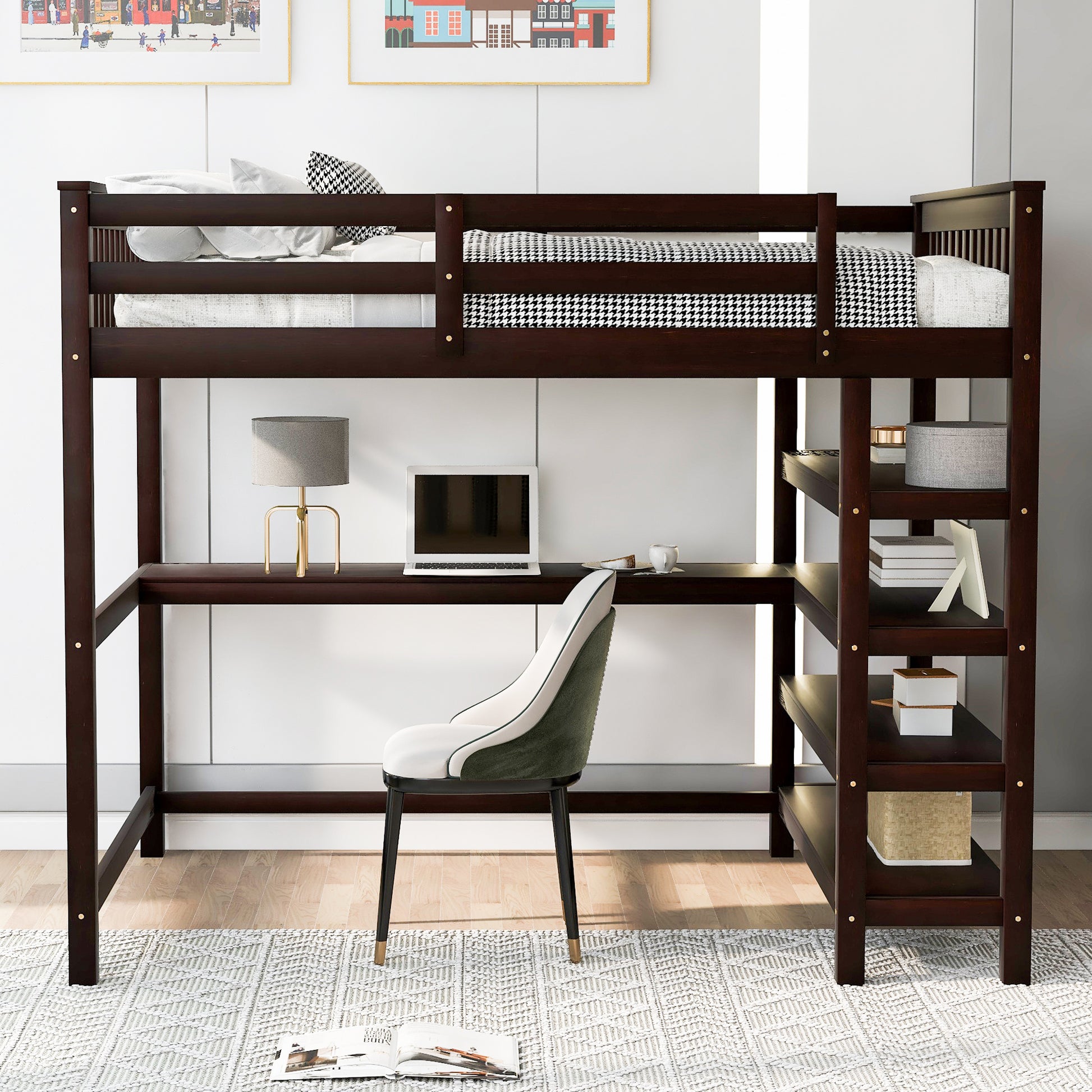 Full Size Loft Bed With Storage Shelves And Under Bed Desk, Espresso Old Sku:Sm000246Aap 1 Box Spring Not Required Full Espresso Wood Bedroom Pine