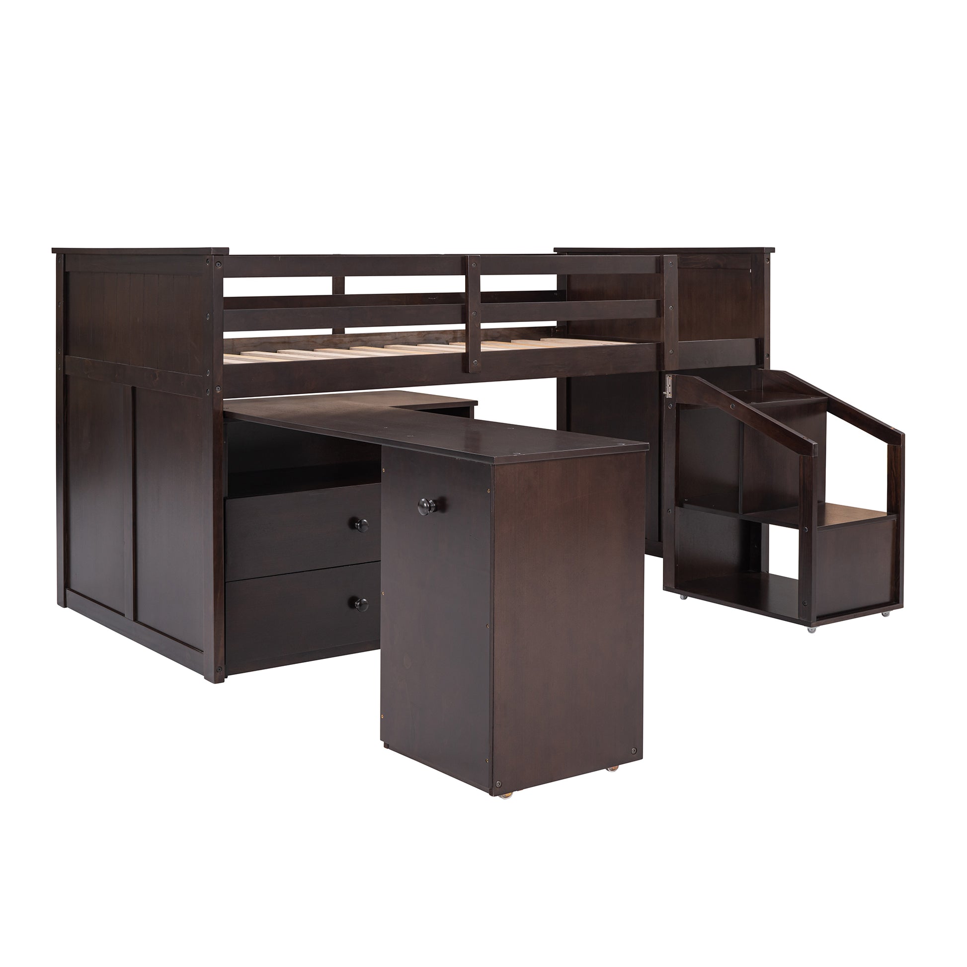 Loft Bed Low Study Twin Size Loft Bed With Storage Steps And Portable,Desk,Espresso Old Sku: Lt000101Aap Espresso Solid Wood