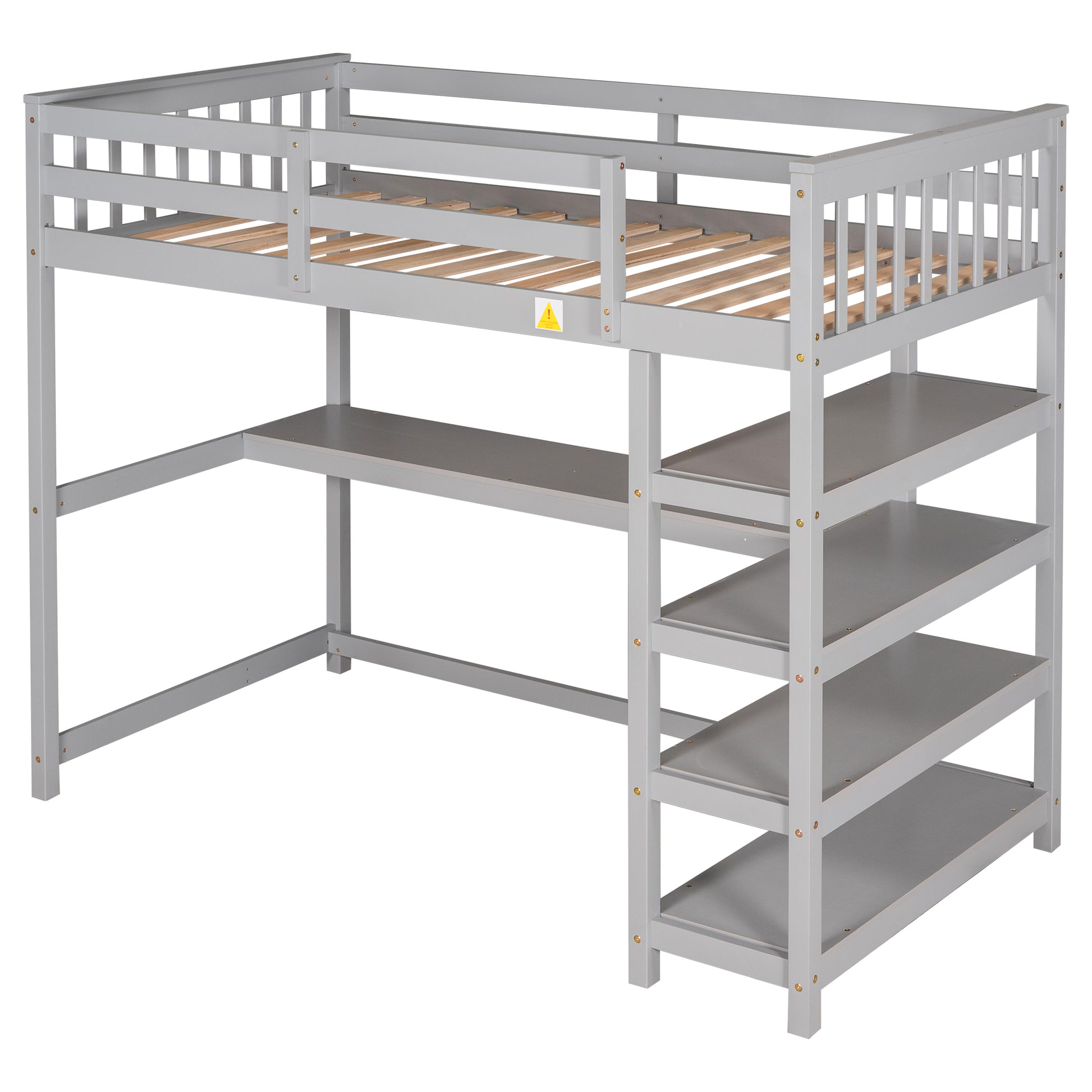 Twin Size Loft Bed With Storage Shelves And Under Bed Desk, Gray Old Sku:Sm000245Aae 1 Gray Pine