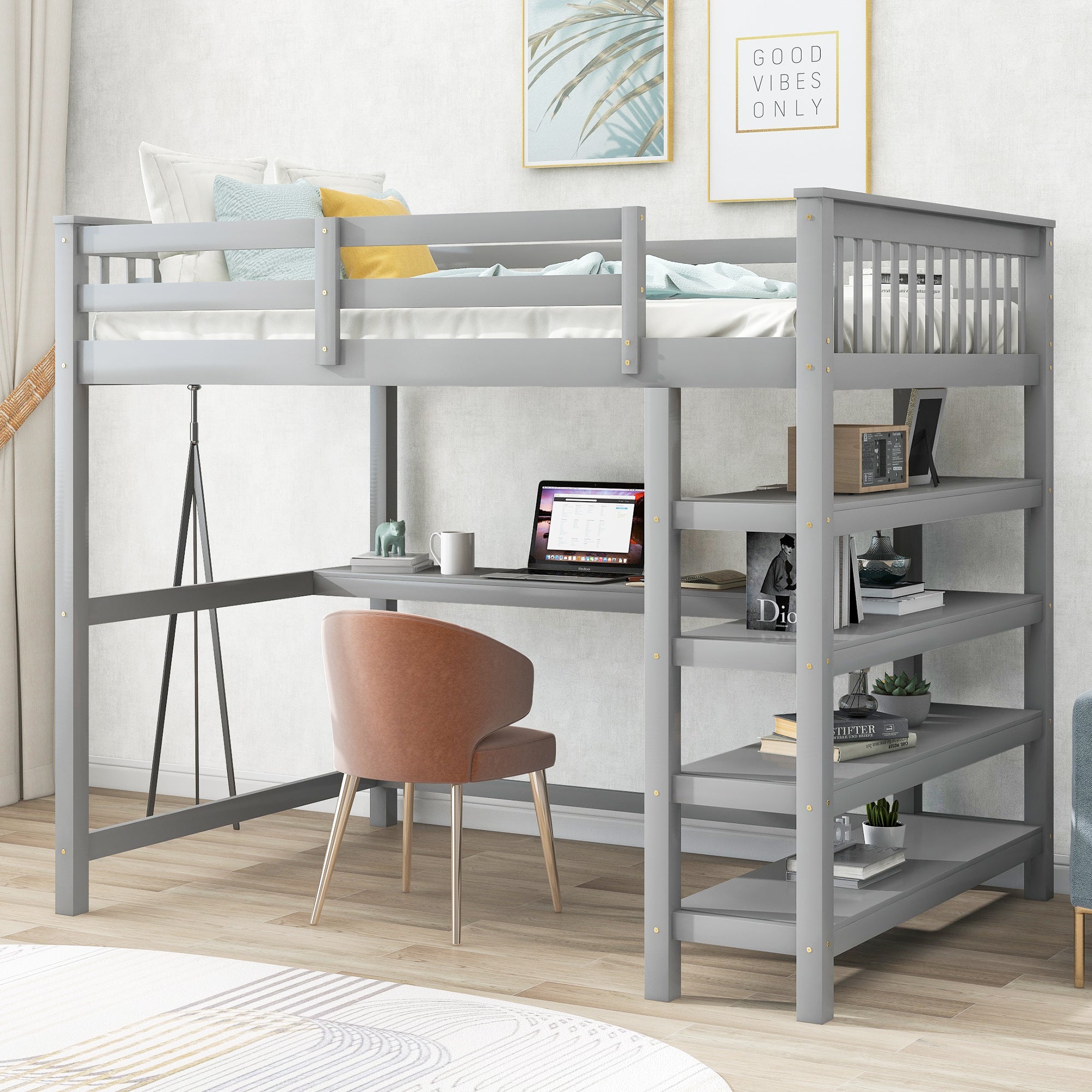 Full Size Loft Bed With Storage Shelves And Under Bed Desk, Gray Old Sku:Sm000246Aae 1 Box Spring Not Required Full Gray Wood Bedroom Pine