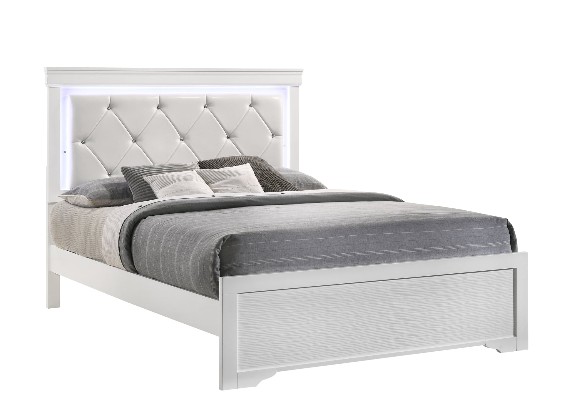 Full 5 Pc Tufted Upholstery Led Bedroom Set Made With Wood In White Box Spring Required Full White Wood 5 Piece Set Bedroom Bed Included,Chest Included,Dresser Included,Mirror Included,Nightstand
