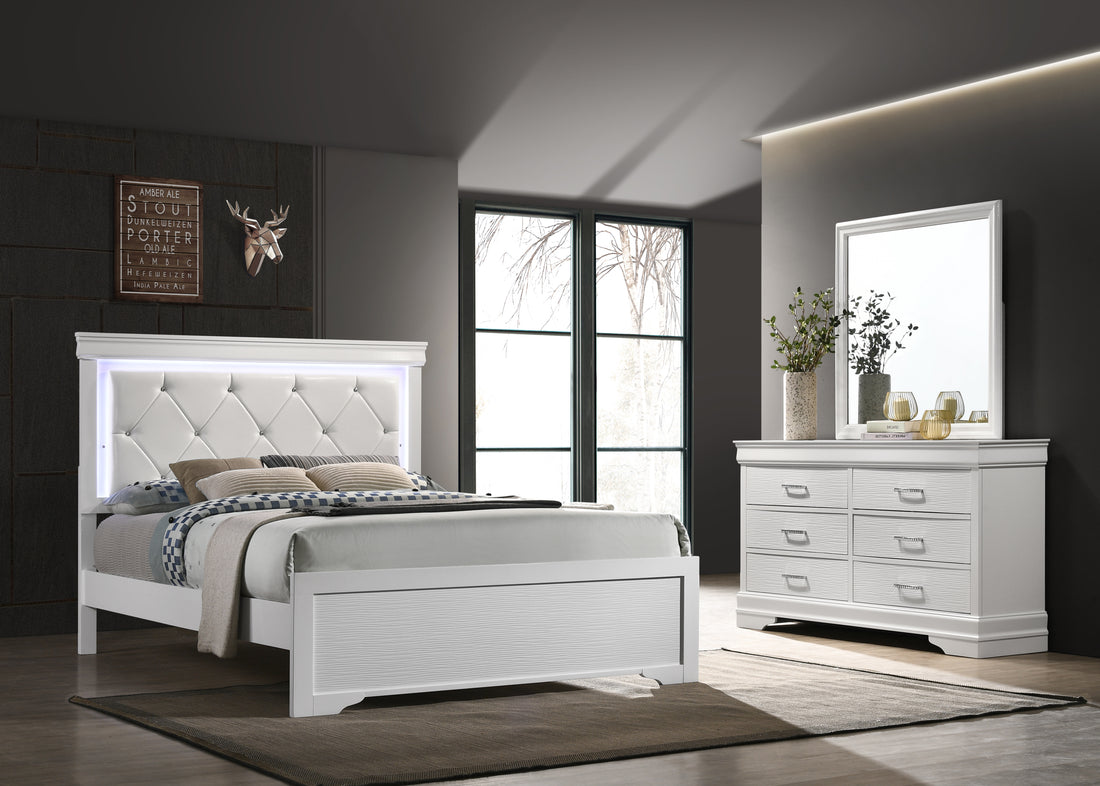 Brooklyn Full 4 Piece Led Bedroom Set Made With Wood In White Box Spring Required Full White Wood 4 Piece Set Bedroom Bed Included,Dresser Included,Mirror Included,Nightstand Included Modern Acacia Upholstered Polyester Tufted Wood