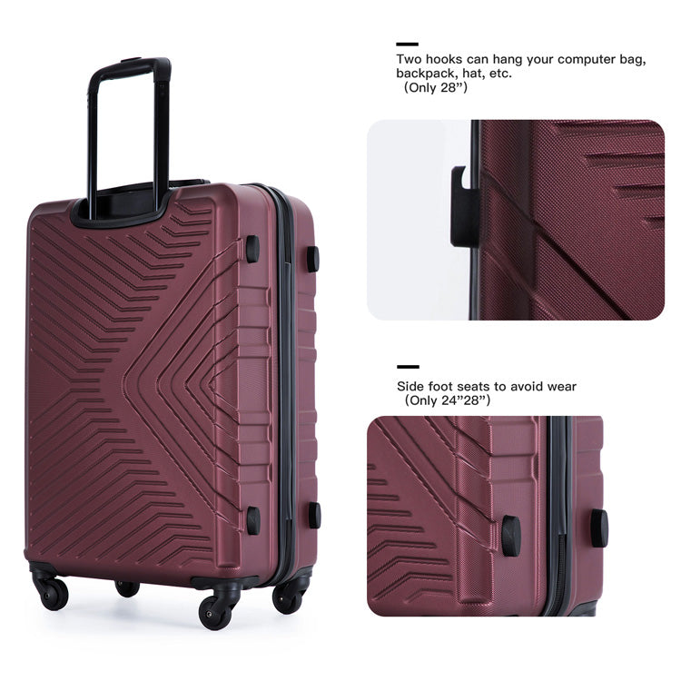 3 Piece Luggage Sets Abs Lightweight Suitcase With Two Hooks, Spinner Wheels, Tsa Lock, 20 24 28 Wine Red Red Abs