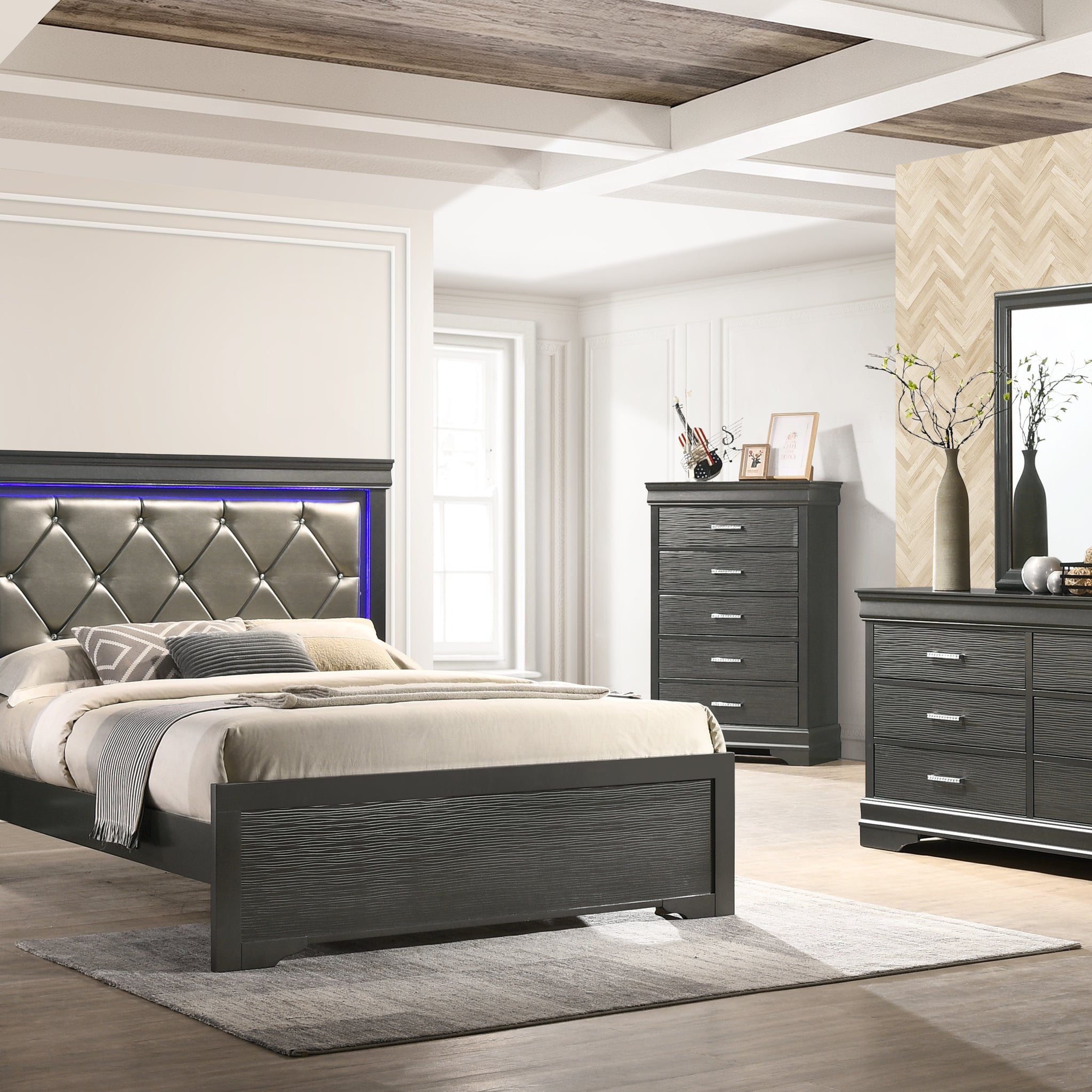 Twin 5 Pc Tufted Upholstery Led Bedroom Set Made With Wood In Gray Box Spring Required Twin Gray Wood 5 Piece Set Bedroom Bed Included,Chest Included,Dresser Included,Mirror Included,Nightstand